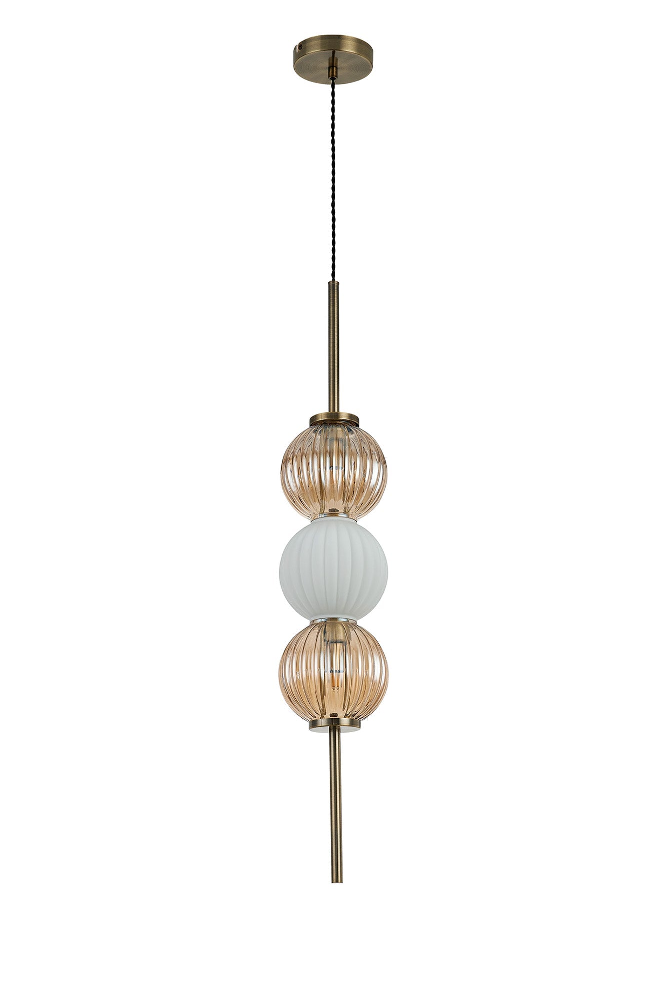 Luminosity Designs - Lustre Segmented Glass Globe Vertical Pendant In An Antique Brass Framework, Amber and Opal, 3x G9 - Luminosity Designs Ltd
