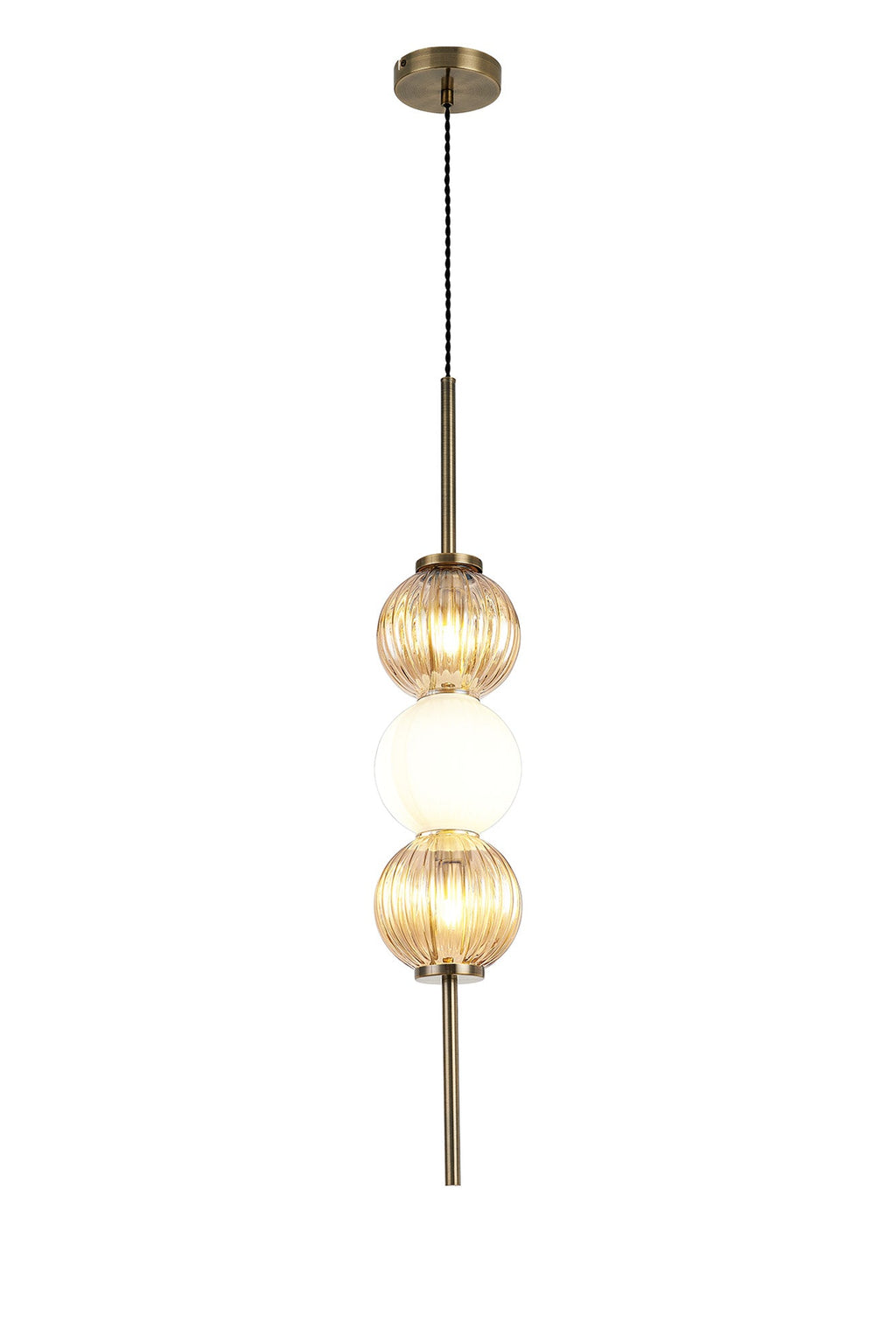 Luminosity Designs - Lustre Segmented Glass Globe Vertical Pendant In An Antique Brass Framework, Amber and Opal, 3x G9 - Luminosity Designs Ltd