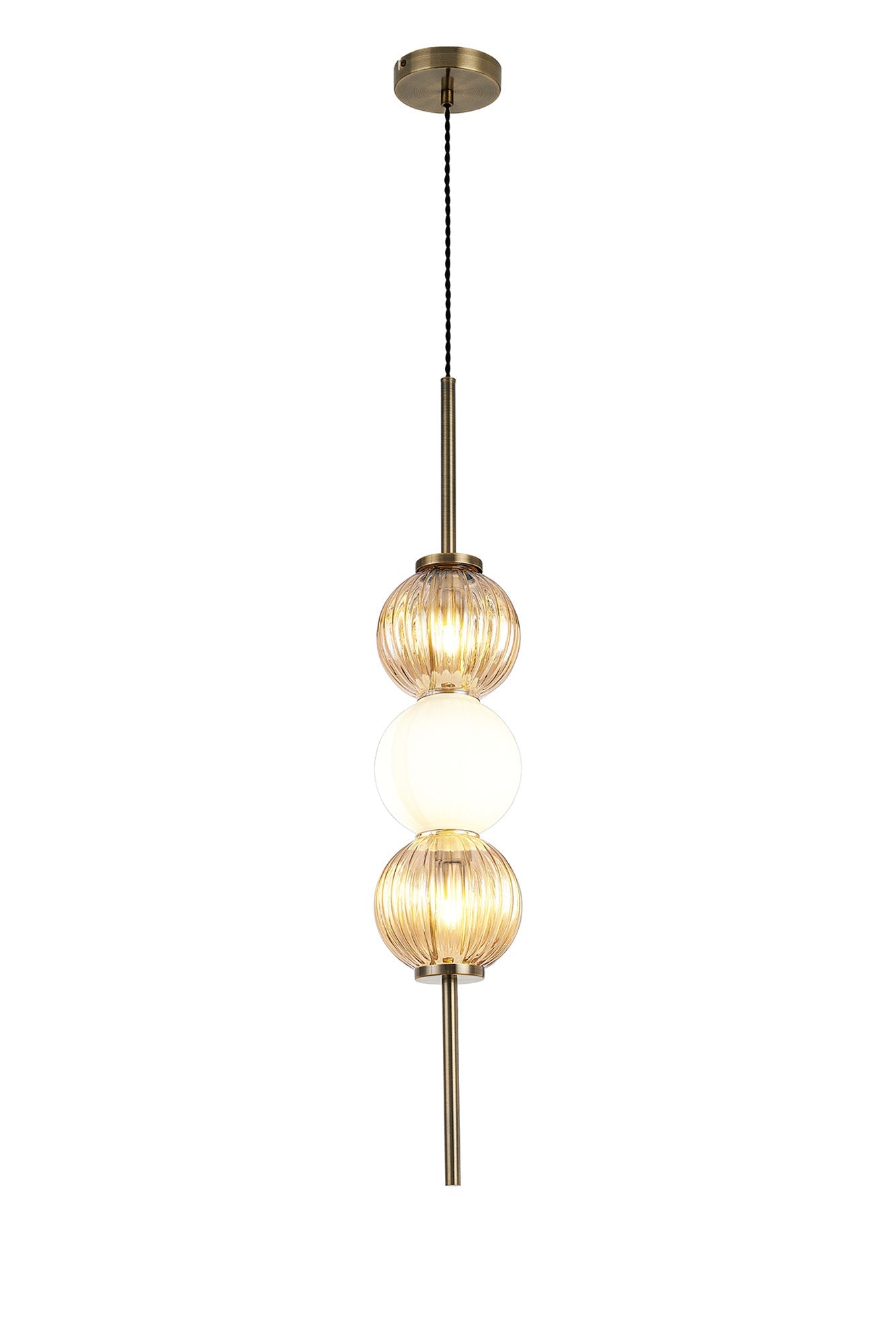 Luminosity Designs - Lustre Segmented Glass Globe Vertical Pendant In An Antique Brass Framework, Amber and Opal, 3x G9 - Luminosity Designs Ltd