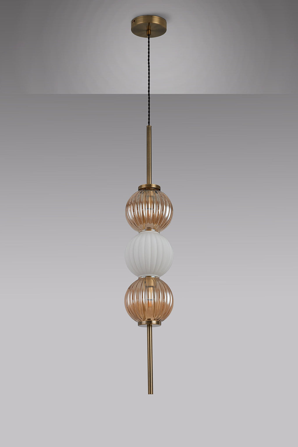 Luminosity Designs - Lustre Segmented Glass Globe Vertical Pendant In An Antique Brass Framework, Amber and Opal, 3x G9 - Luminosity Designs Ltd