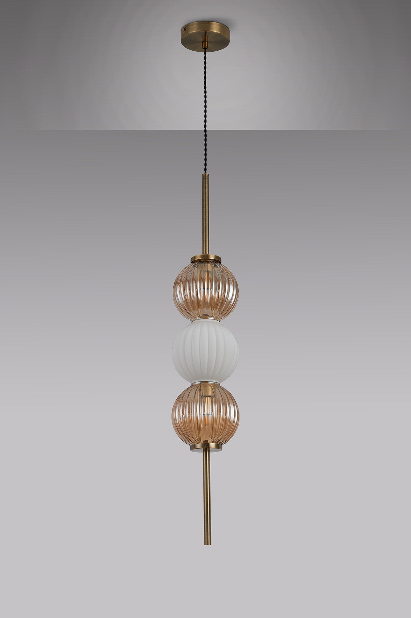 Luminosity Designs - Lustre Segmented Glass Globe Vertical Pendant In An Antique Brass Framework, Amber and Opal, 3x G9 - Luminosity Designs Ltd