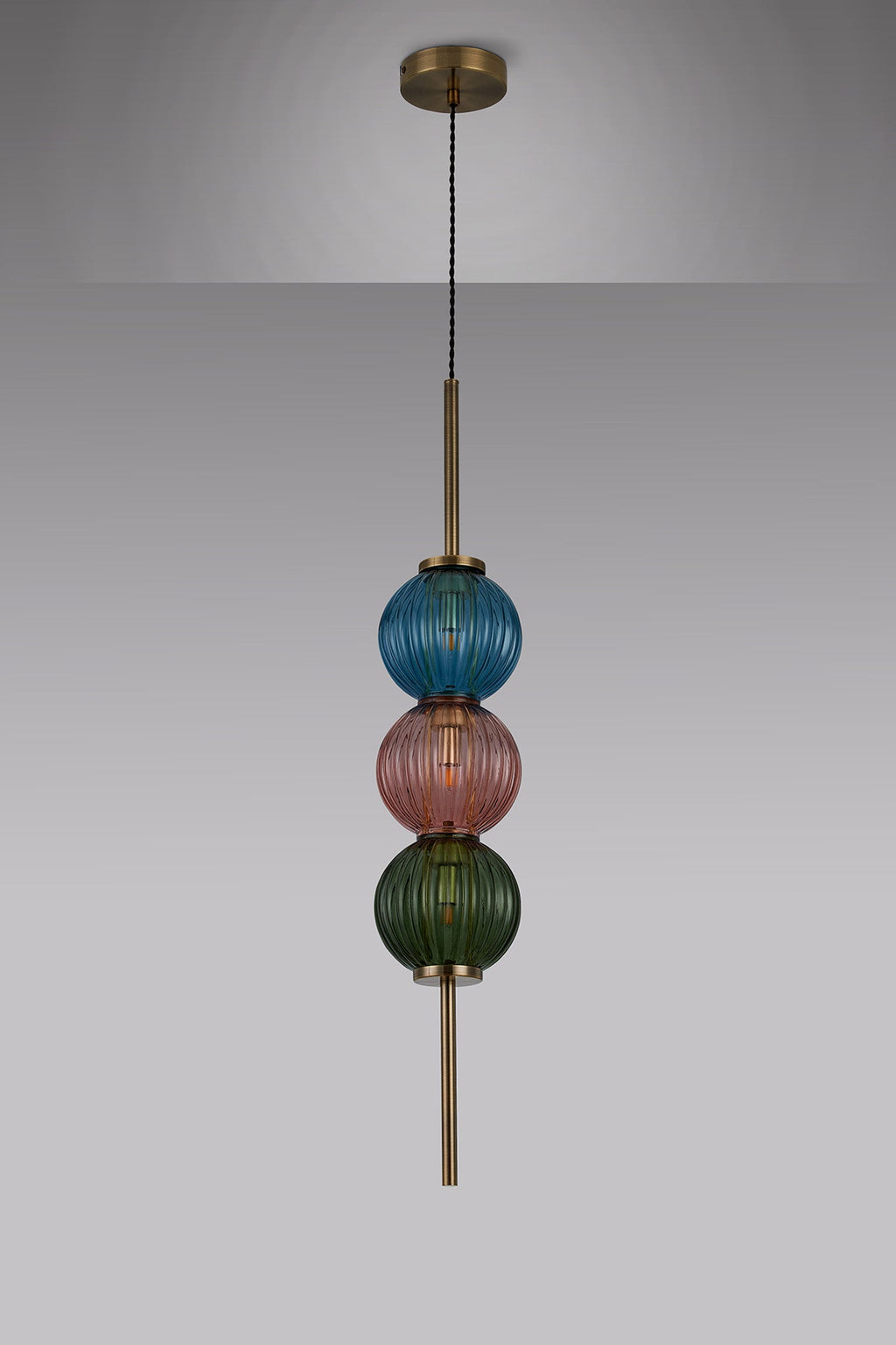 Luminosity Designs - Lustre Segmented Glass Globe Vertical Pendant In An Antique Brass Framework, Blue, Moss and Blush, 3x G9 - Luminosity Designs Ltd