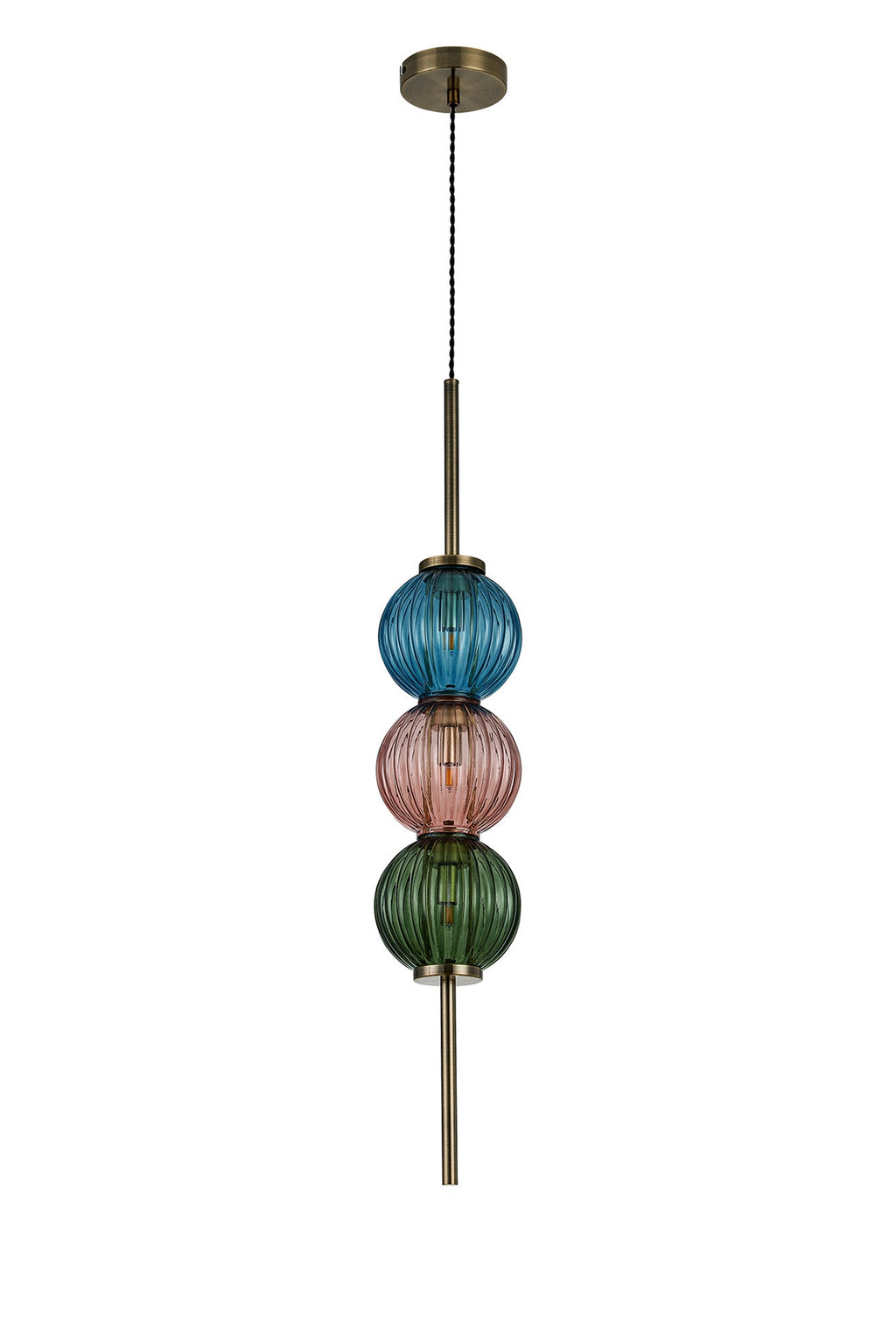 Luminosity Designs - Lustre Segmented Glass Globe Vertical Pendant In An Antique Brass Framework, Blue, Moss and Blush, 3x G9 - Luminosity Designs Ltd