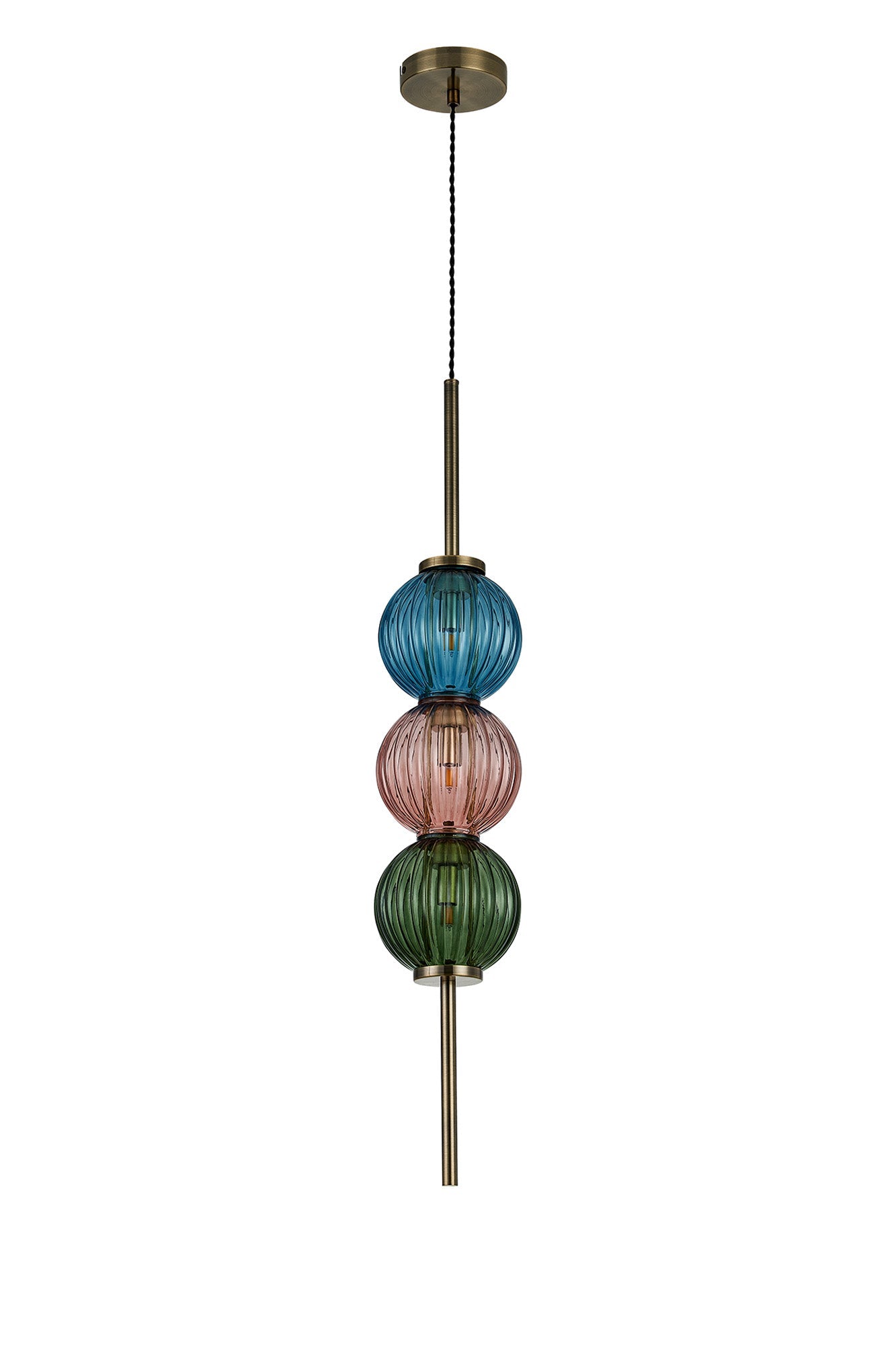Luminosity Designs - Lustre Segmented Glass Globe Vertical Pendant In An Antique Brass Framework, Blue, Moss and Blush, 3x G9 - Luminosity Designs Ltd