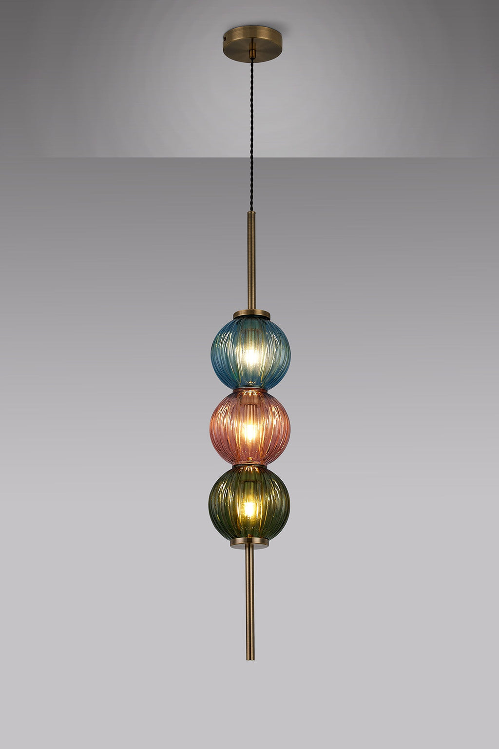 Luminosity Designs - Lustre Segmented Glass Globe Vertical Pendant In An Antique Brass Framework, Blue, Moss and Blush, 3x G9 - Luminosity Designs Ltd