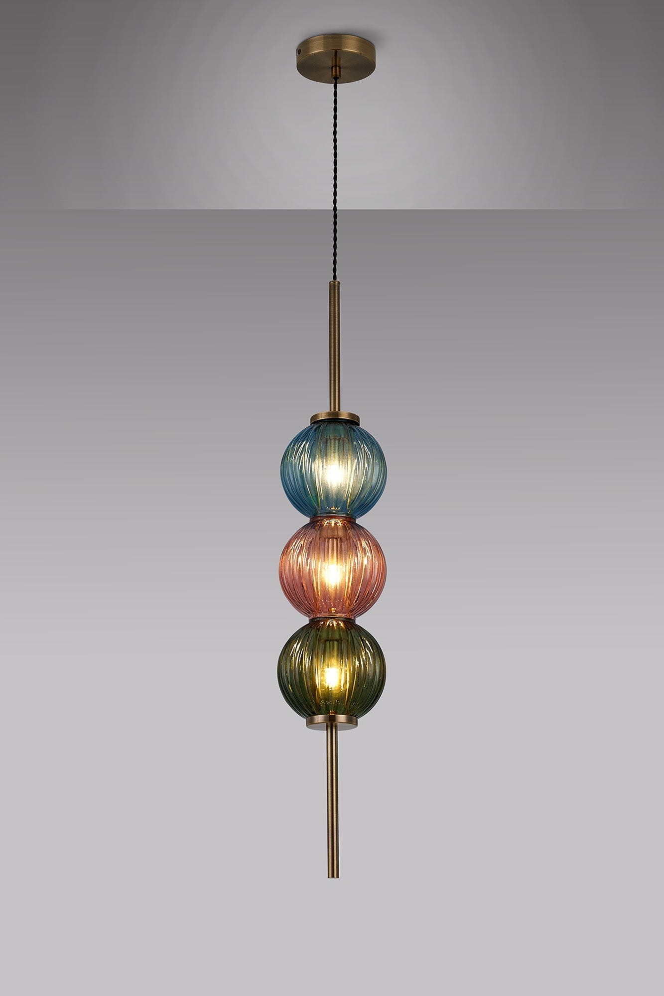 Luminosity Designs - Lustre Segmented Glass Globe Vertical Pendant In An Antique Brass Framework, Blue, Moss and Blush, 3x G9 - Luminosity Designs Ltd