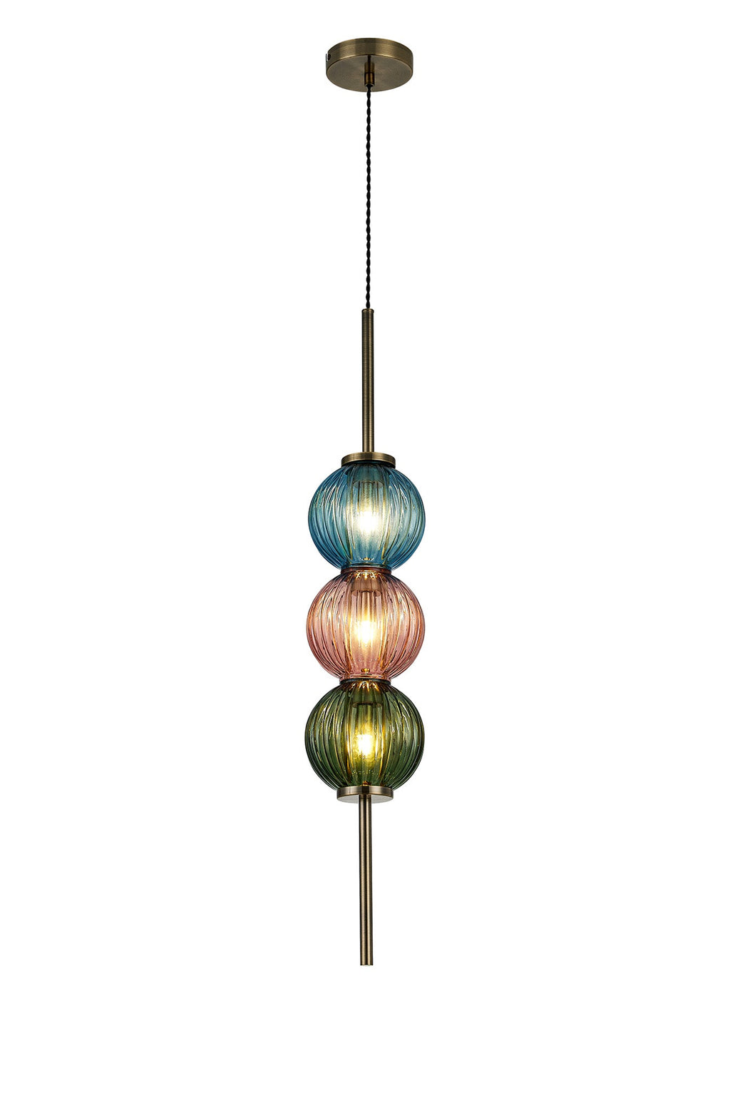 Luminosity Designs - Lustre Segmented Glass Globe Vertical Pendant In An Antique Brass Framework, Blue, Moss and Blush, 3x G9 - Luminosity Designs Ltd