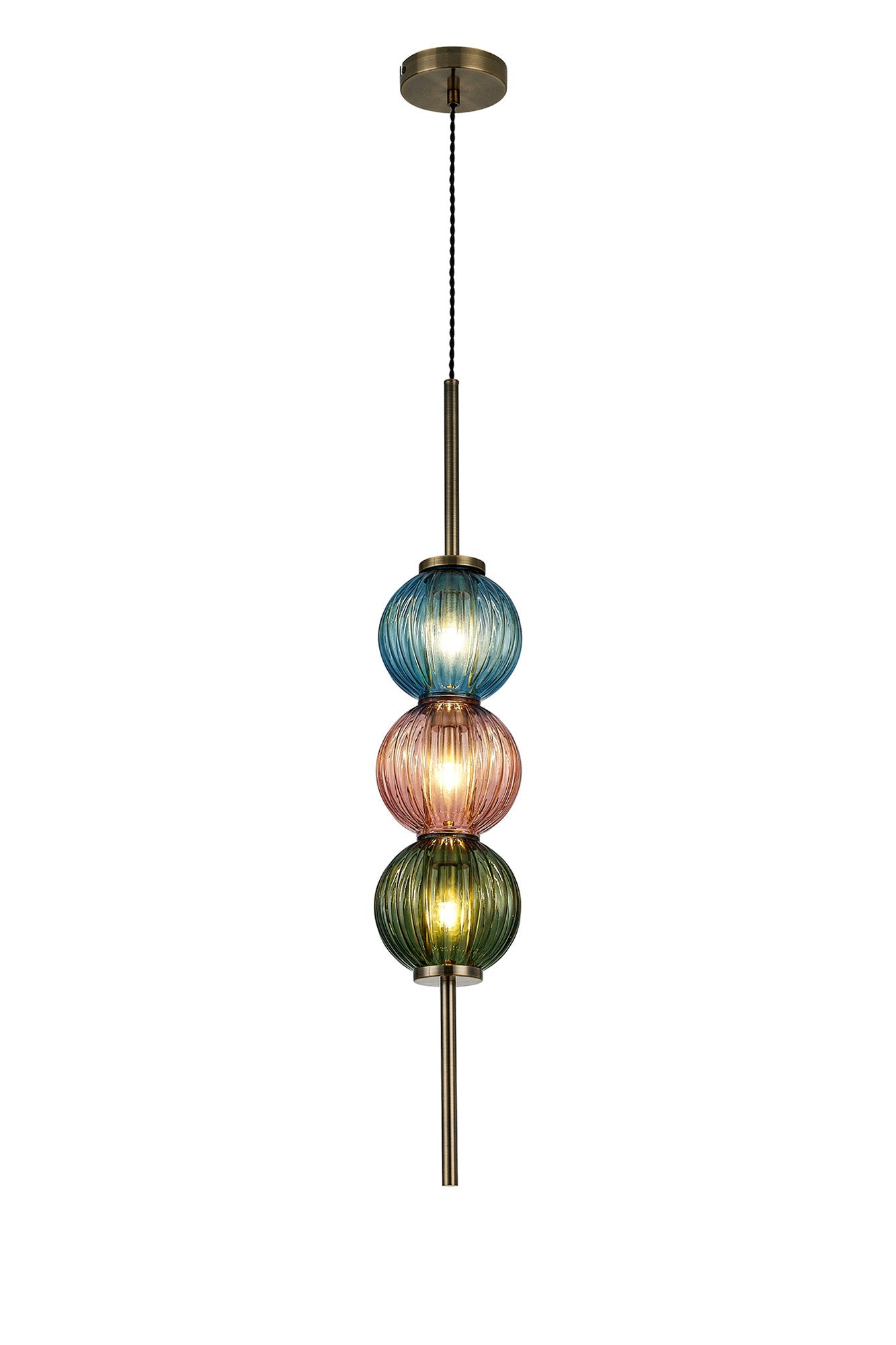 Luminosity Designs - Lustre Segmented Glass Globe Vertical Pendant In An Antique Brass Framework, Blue, Moss and Blush, 3x G9 - Luminosity Designs Ltd