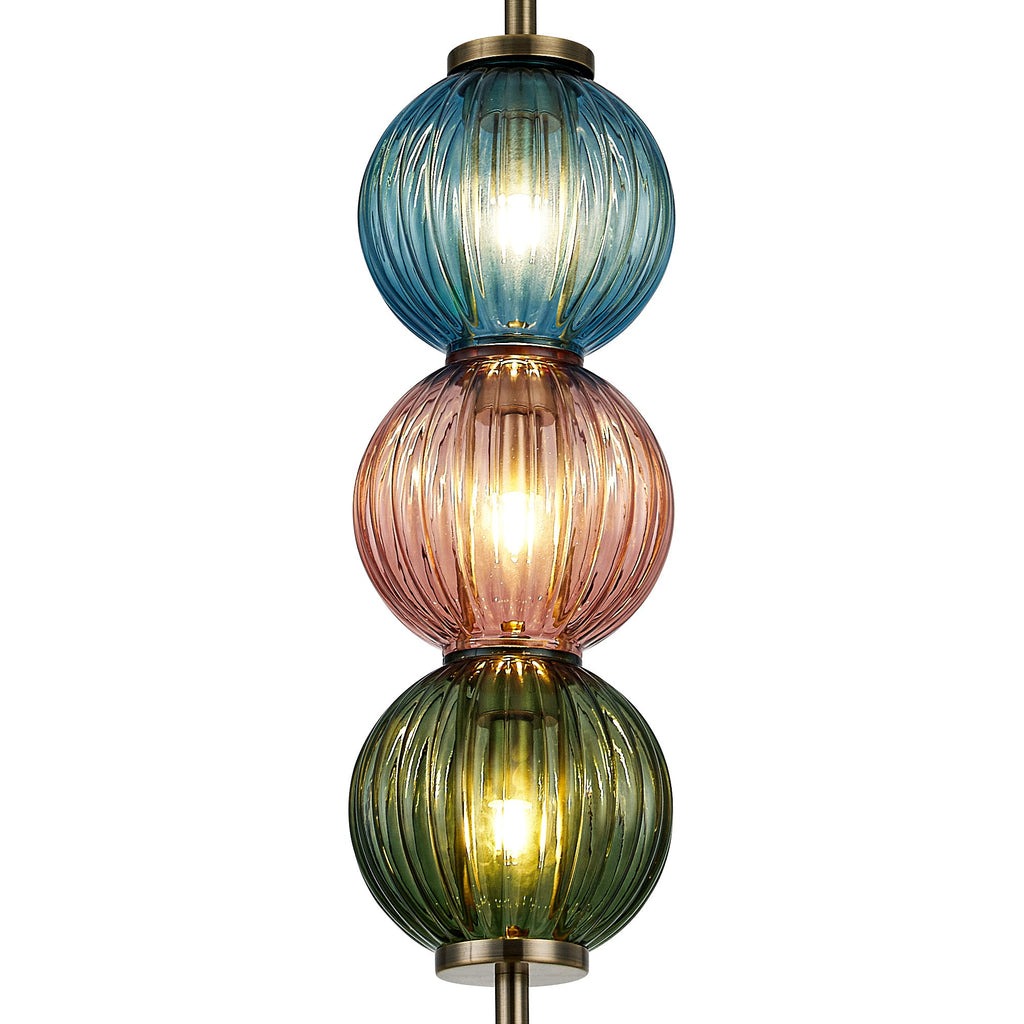 Luminosity Designs - Lustre Segmented Glass Globe Vertical Pendant In An Antique Brass Framework, Blue, Moss and Blush, 3x G9 - Luminosity Designs Ltd