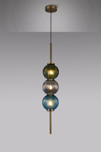 Luminosity Designs - Lustre Segmented Glass Globe Vertical Pendant In An Antique Brass Framework, Blue, Moss and Smoke, 3x G9 - Luminosity Designs Ltd
