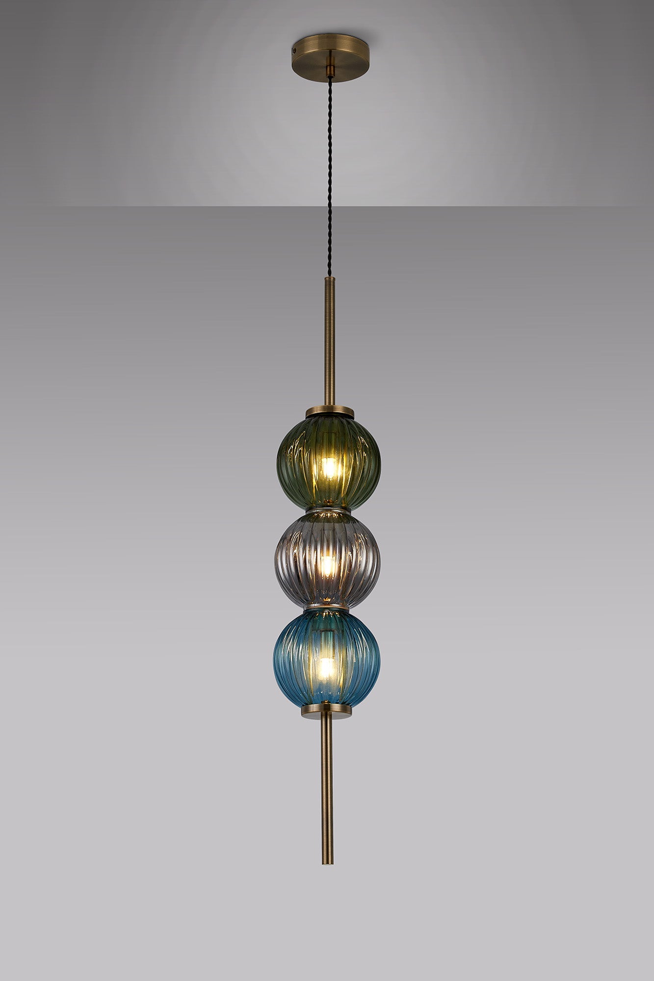 Luminosity Designs - Lustre Segmented Glass Globe Vertical Pendant In An Antique Brass Framework, Blue, Moss and Smoke, 3x G9 - Luminosity Designs Ltd