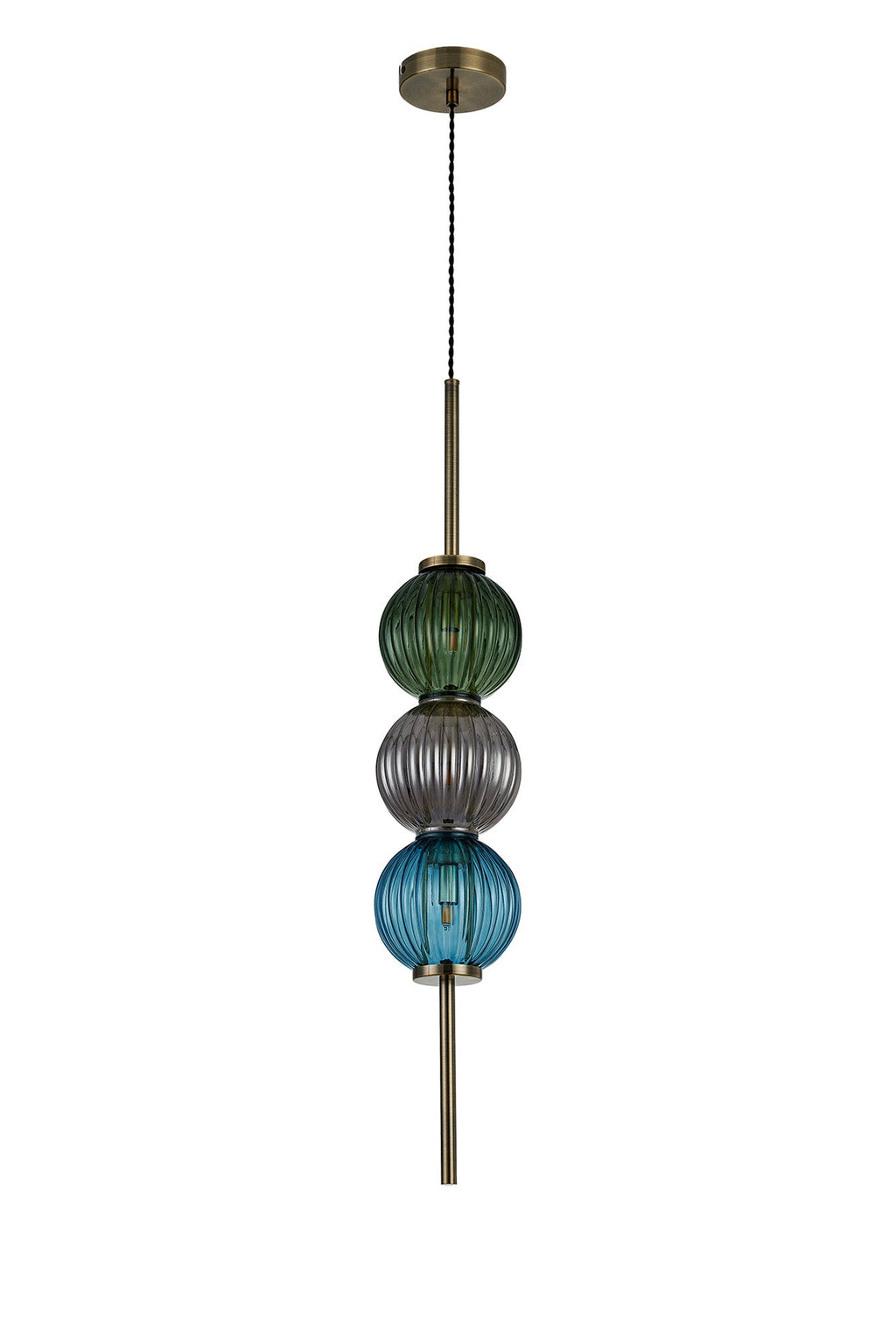 Luminosity Designs - Lustre Segmented Glass Globe Vertical Pendant In An Antique Brass Framework, Blue, Moss and Smoke, 3x G9 - Luminosity Designs Ltd