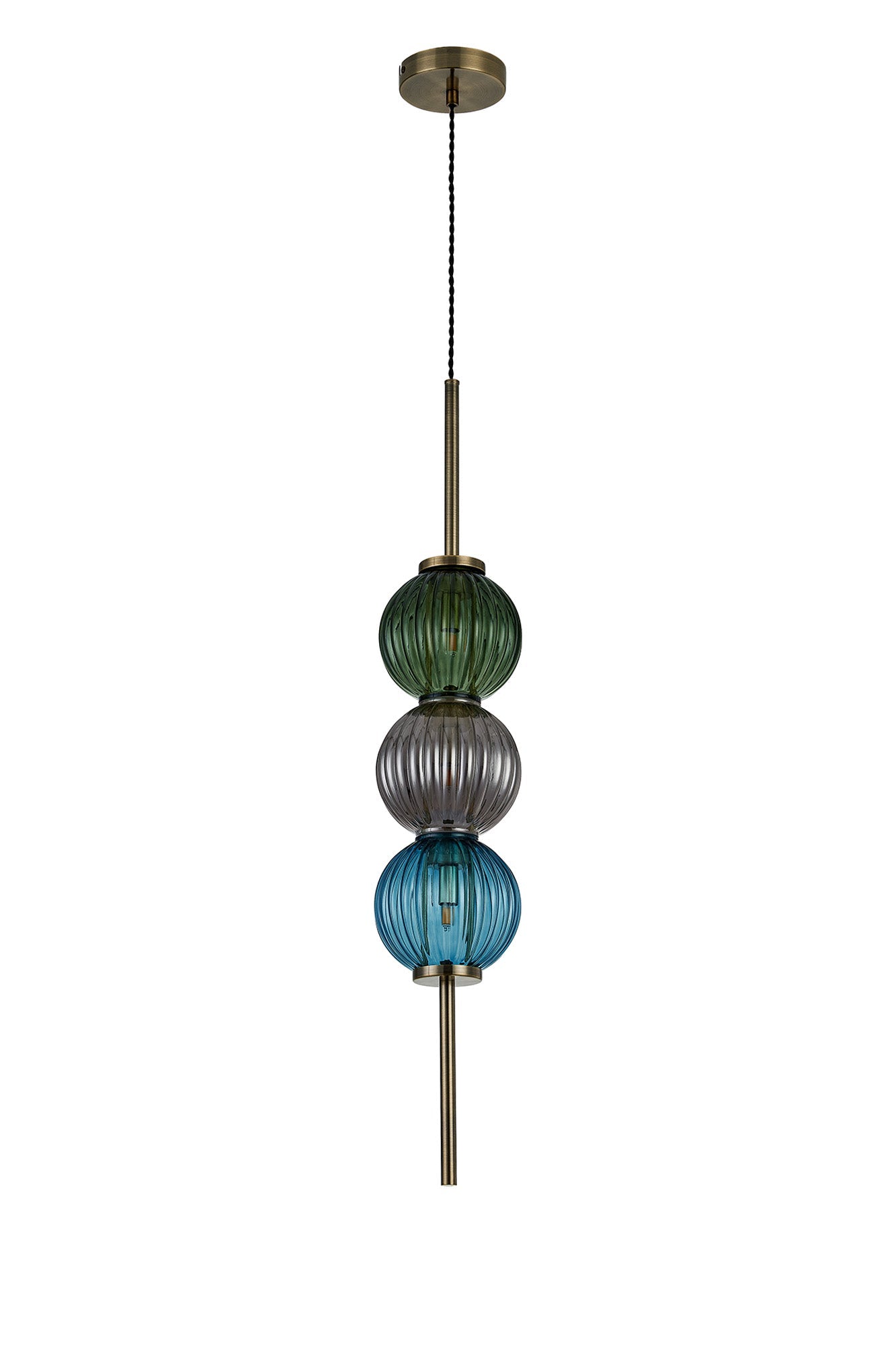 Luminosity Designs - Lustre Segmented Glass Globe Vertical Pendant In An Antique Brass Framework, Blue, Moss and Smoke, 3x G9 - Luminosity Designs Ltd
