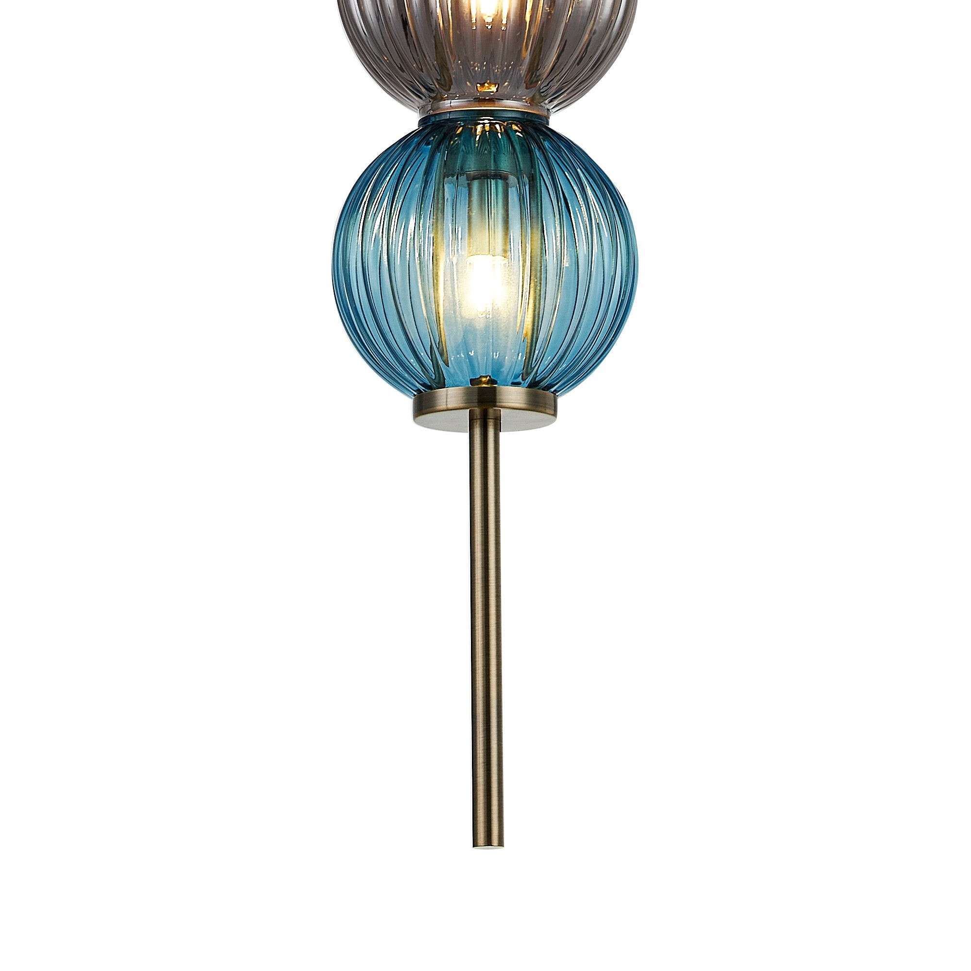 Luminosity Designs - Lustre Segmented Glass Globe Vertical Pendant In An Antique Brass Framework, Blue, Moss and Smoke, 3x G9 - Luminosity Designs Ltd