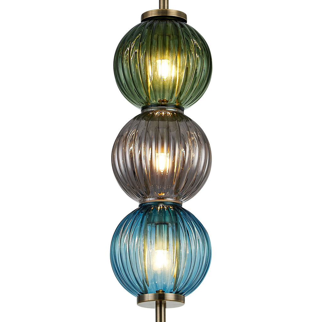 Luminosity Designs - Lustre Segmented Glass Globe Vertical Pendant In An Antique Brass Framework, Blue, Moss and Smoke, 3x G9 - Luminosity Designs Ltd