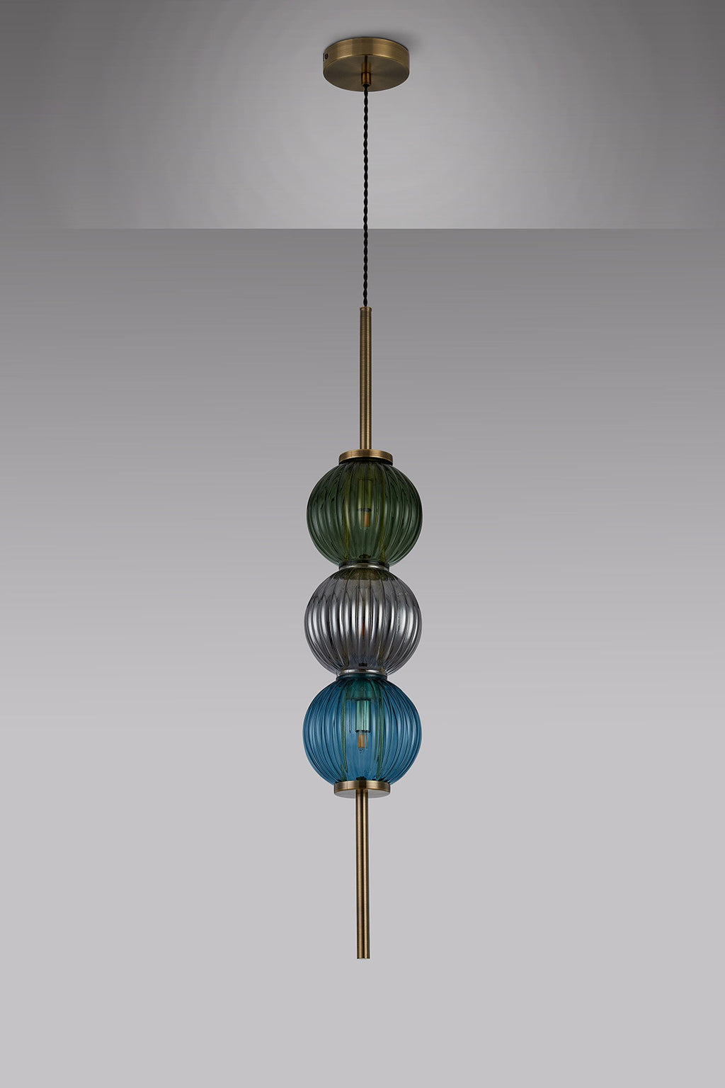 Luminosity Designs - Lustre Segmented Glass Globe Vertical Pendant In An Antique Brass Framework, Blue, Moss and Smoke, 3x G9 - Luminosity Designs Ltd