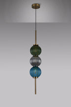 Luminosity Designs - Lustre Segmented Glass Globe Vertical Pendant In An Antique Brass Framework, Blue, Moss and Smoke, 3x G9 - Luminosity Designs Ltd