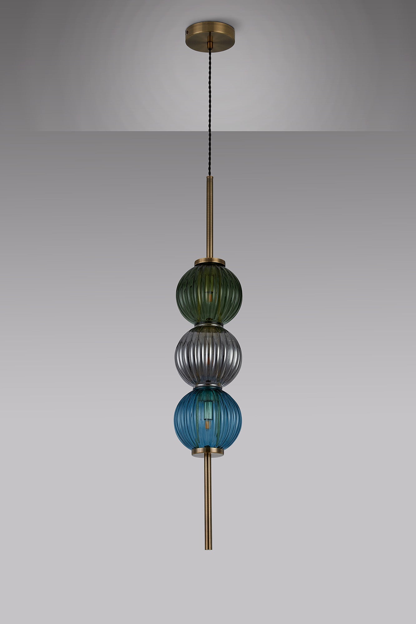 Luminosity Designs - Lustre Segmented Glass Globe Vertical Pendant In An Antique Brass Framework, Blue, Moss and Smoke, 3x G9 - Luminosity Designs Ltd
