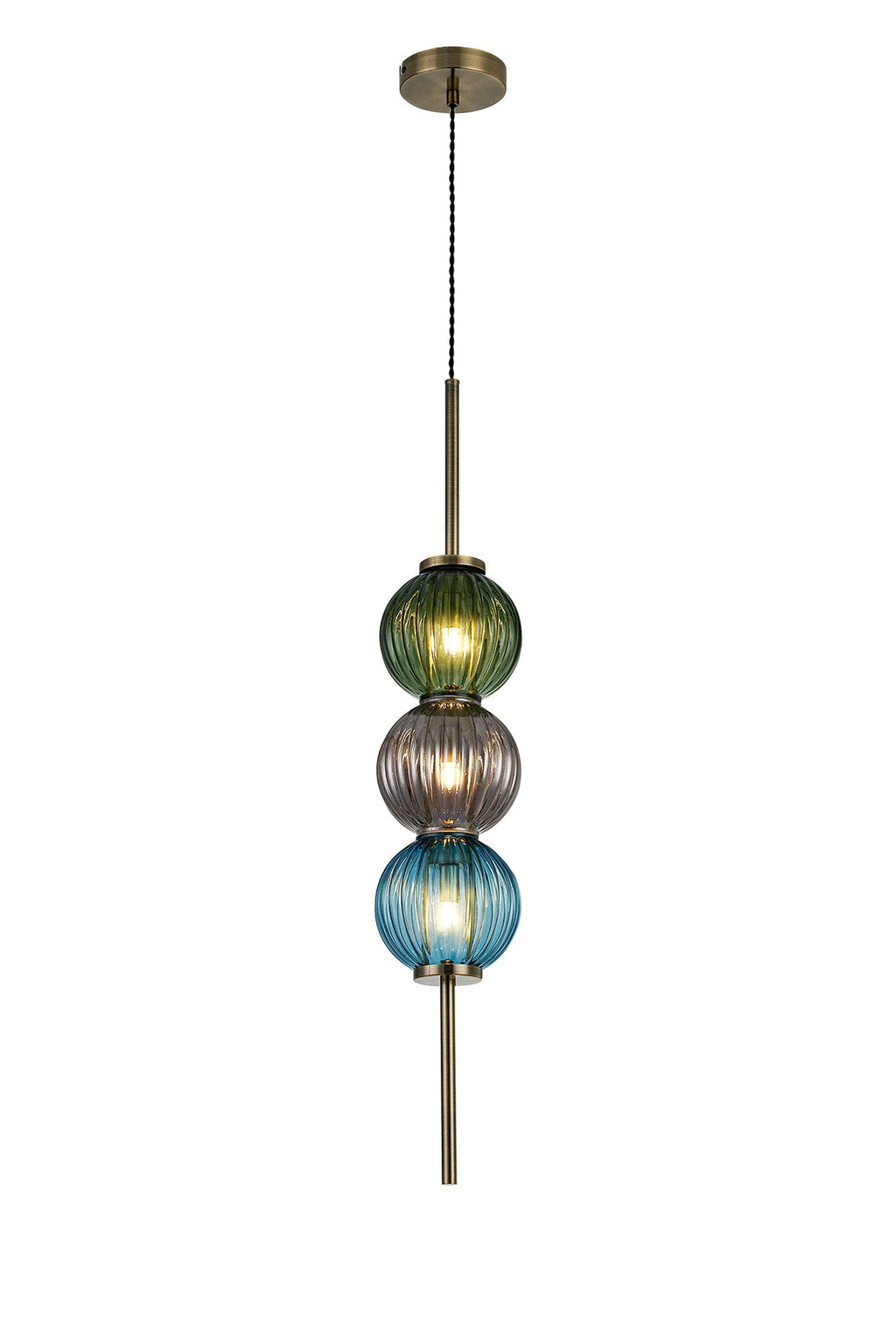Luminosity Designs - Lustre Segmented Glass Globe Vertical Pendant In An Antique Brass Framework, Blue, Moss and Smoke, 3x G9 - Luminosity Designs Ltd
