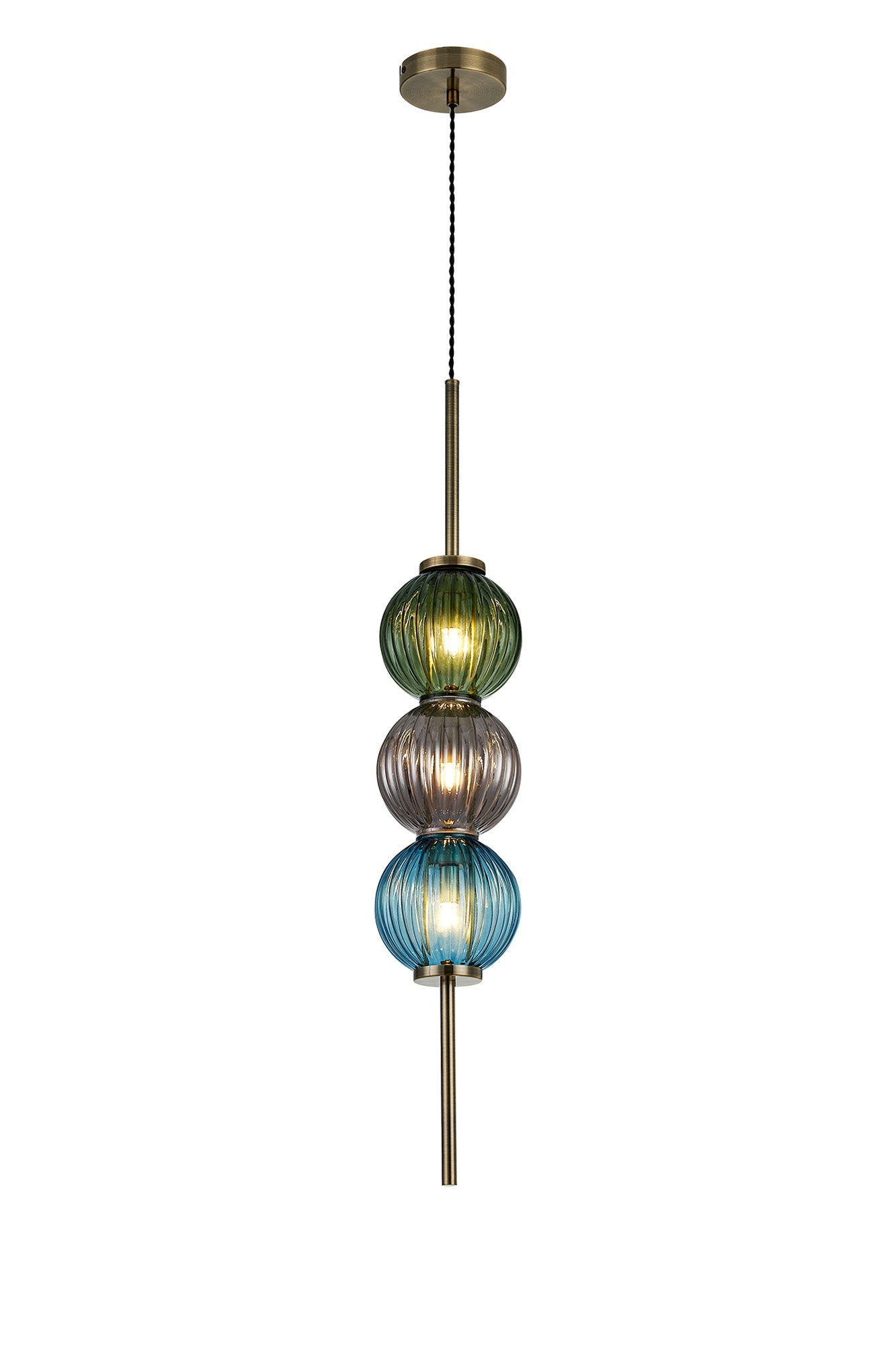 Luminosity Designs - Lustre Segmented Glass Globe Vertical Pendant In An Antique Brass Framework, Blue, Moss and Smoke, 3x G9 - Luminosity Designs Ltd