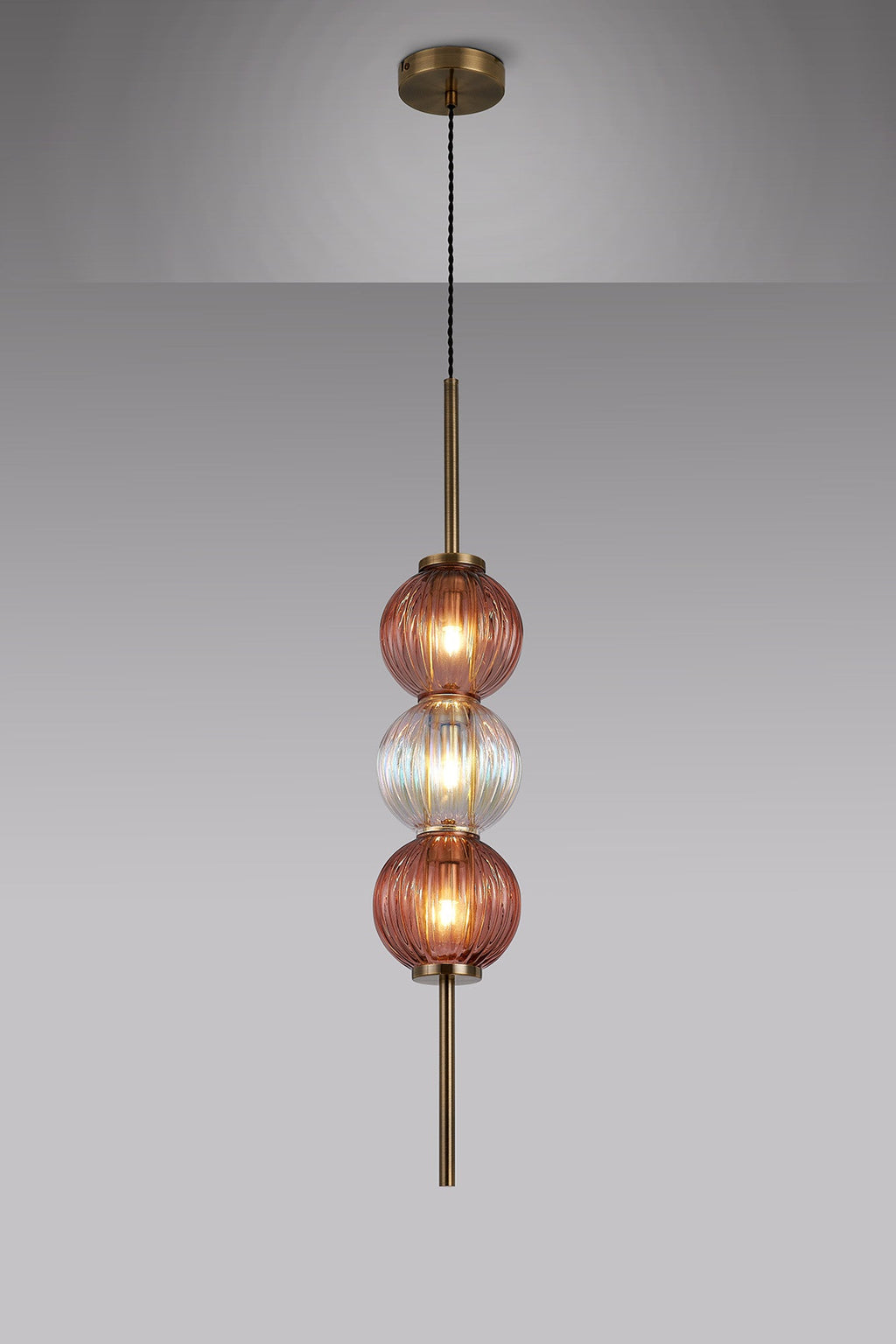 Luminosity Designs - Lustre Segmented Glass Globe Vertical Pendant In An Antique Brass Framework, Iridescent and Blush, 3x G9 - Luminosity Designs Ltd