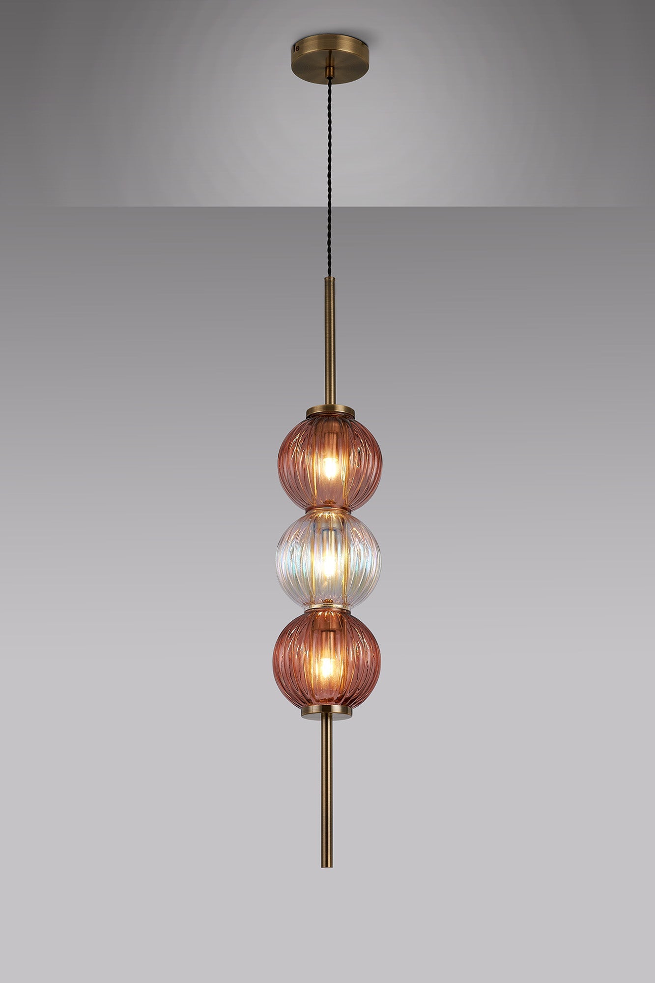 Luminosity Designs - Lustre Segmented Glass Globe Vertical Pendant In An Antique Brass Framework, Iridescent and Blush, 3x G9 - Luminosity Designs Ltd