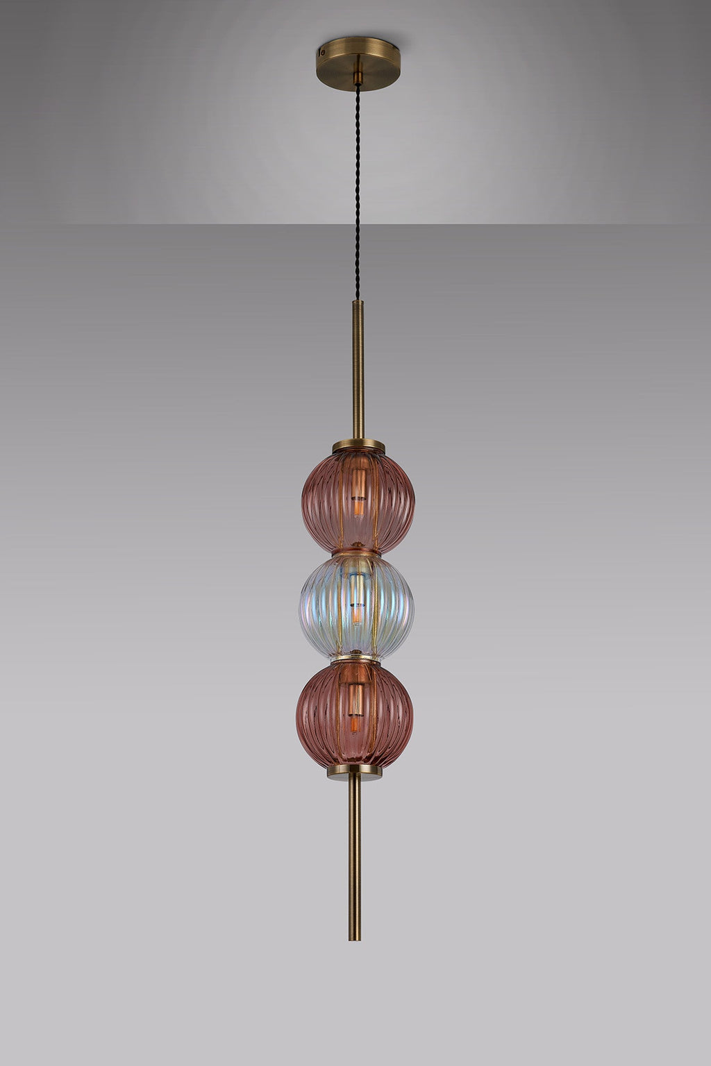 Luminosity Designs - Lustre Segmented Glass Globe Vertical Pendant In An Antique Brass Framework, Iridescent and Blush, 3x G9 - Luminosity Designs Ltd
