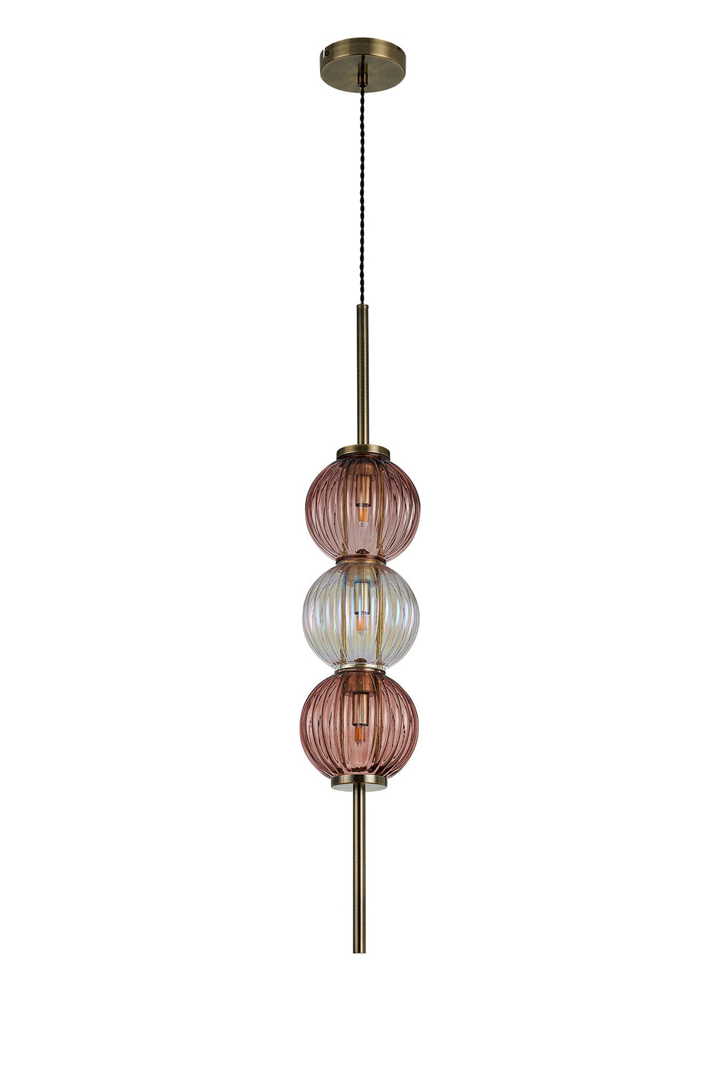 Luminosity Designs - Lustre Segmented Glass Globe Vertical Pendant In An Antique Brass Framework, Iridescent and Blush, 3x G9 - Luminosity Designs Ltd