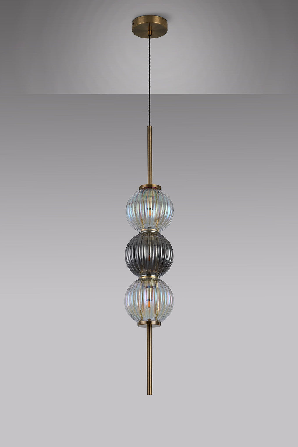 Luminosity Designs - Lustre Segmented Glass Globe Vertical Pendant In An Antique Brass Framework, Iridescent and Smoke, 3x G9 - Luminosity Designs Ltd