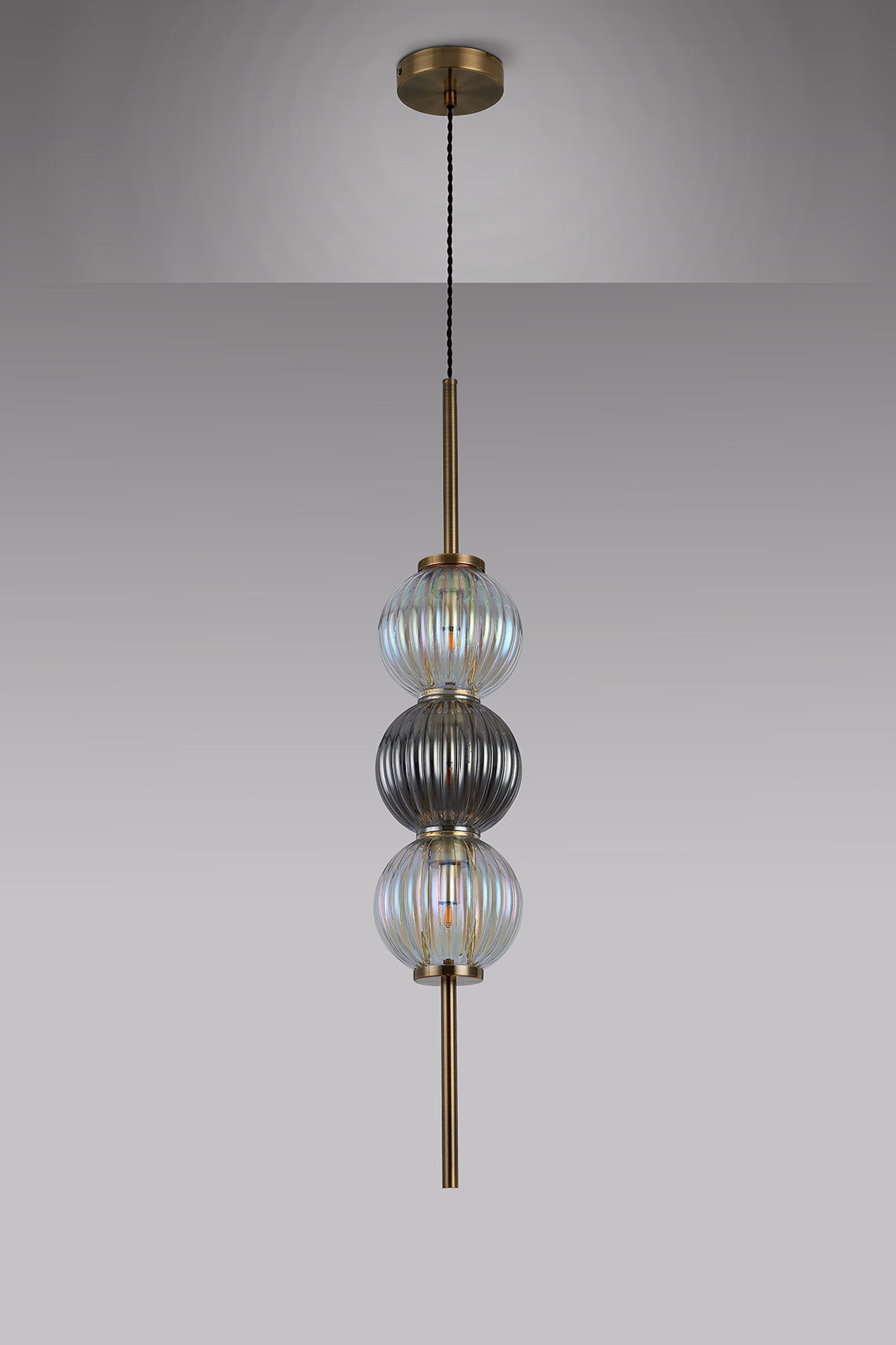 Luminosity Designs - Lustre Segmented Glass Globe Vertical Pendant In An Antique Brass Framework, Iridescent and Smoke, 3x G9 - Luminosity Designs Ltd