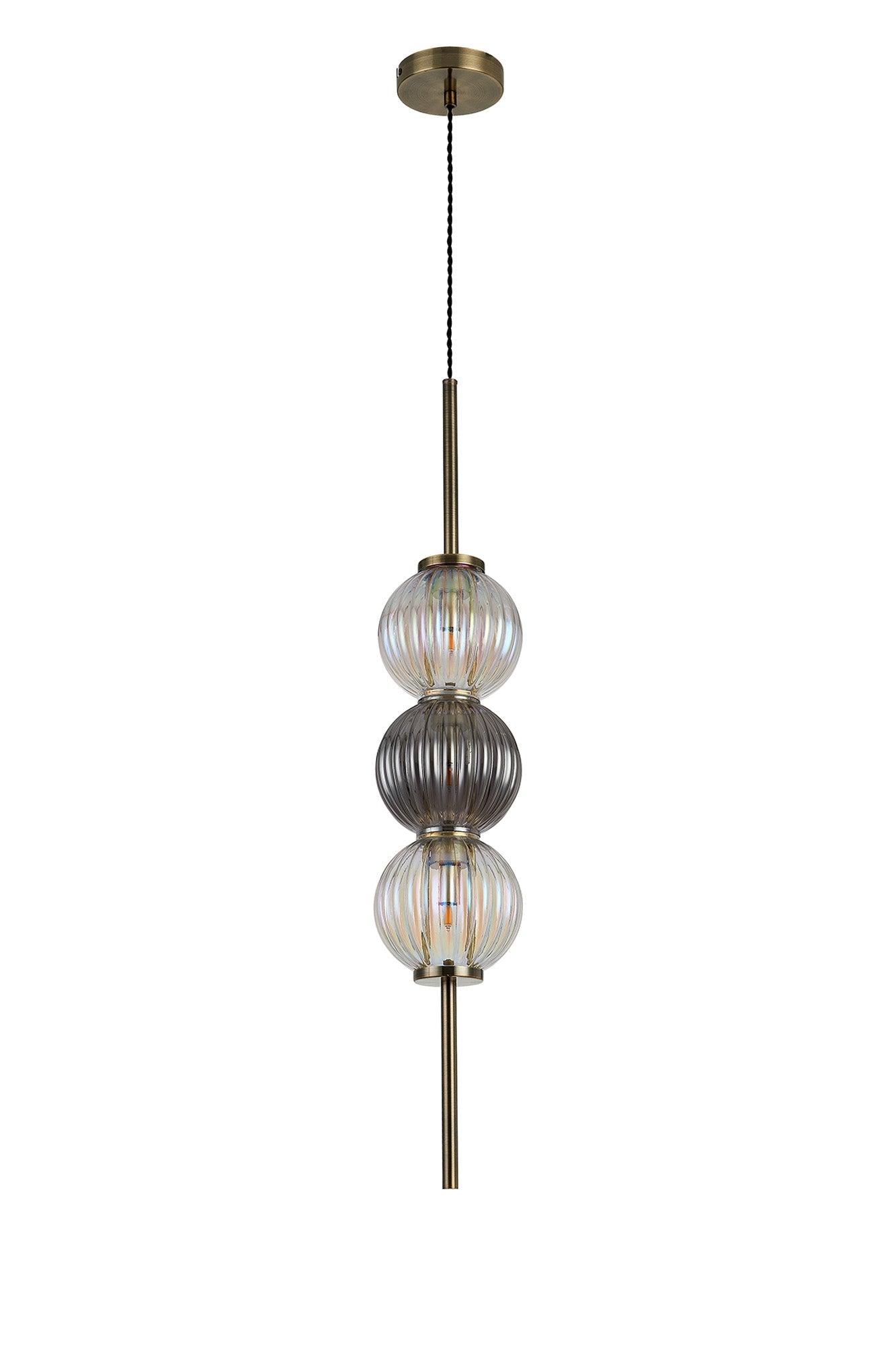 Luminosity Designs - Lustre Segmented Glass Globe Vertical Pendant In An Antique Brass Framework, Iridescent and Smoke, 3x G9 - Luminosity Designs Ltd