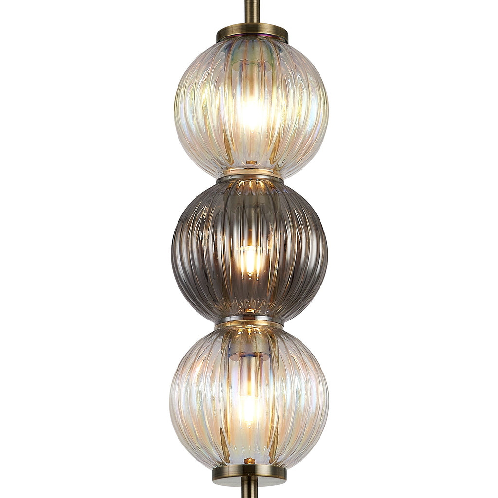 Luminosity Designs - Lustre Segmented Glass Globe Vertical Pendant In An Antique Brass Framework, Iridescent and Smoke, 3x G9 - Luminosity Designs Ltd