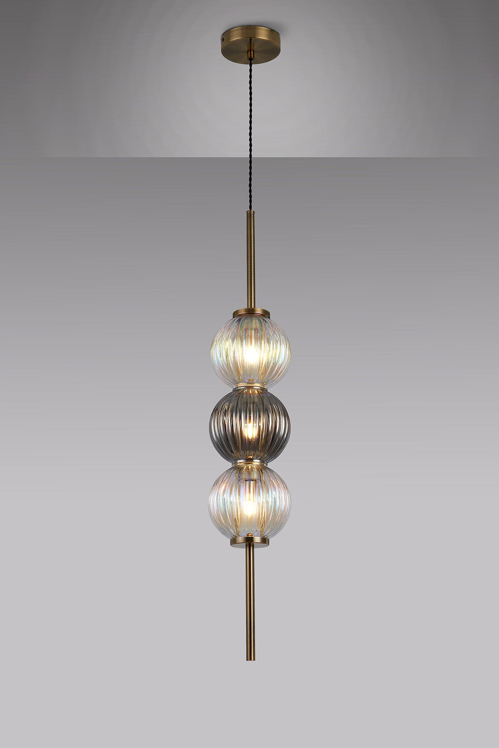 Luminosity Designs - Lustre Segmented Glass Globe Vertical Pendant In An Antique Brass Framework, Iridescent and Smoke, 3x G9 - Luminosity Designs Ltd