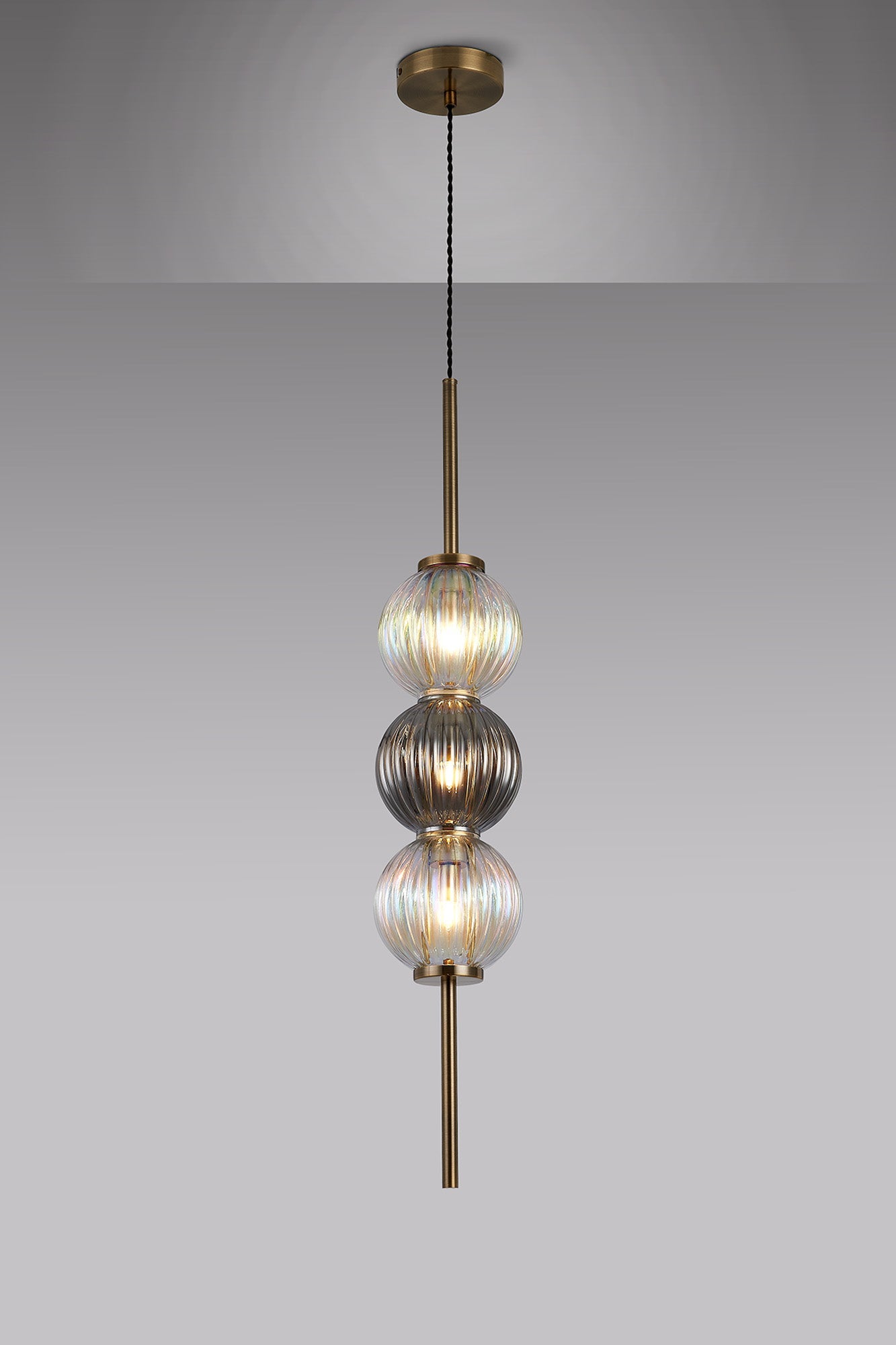 Luminosity Designs - Lustre Segmented Glass Globe Vertical Pendant In An Antique Brass Framework, Iridescent and Smoke, 3x G9 - Luminosity Designs Ltd