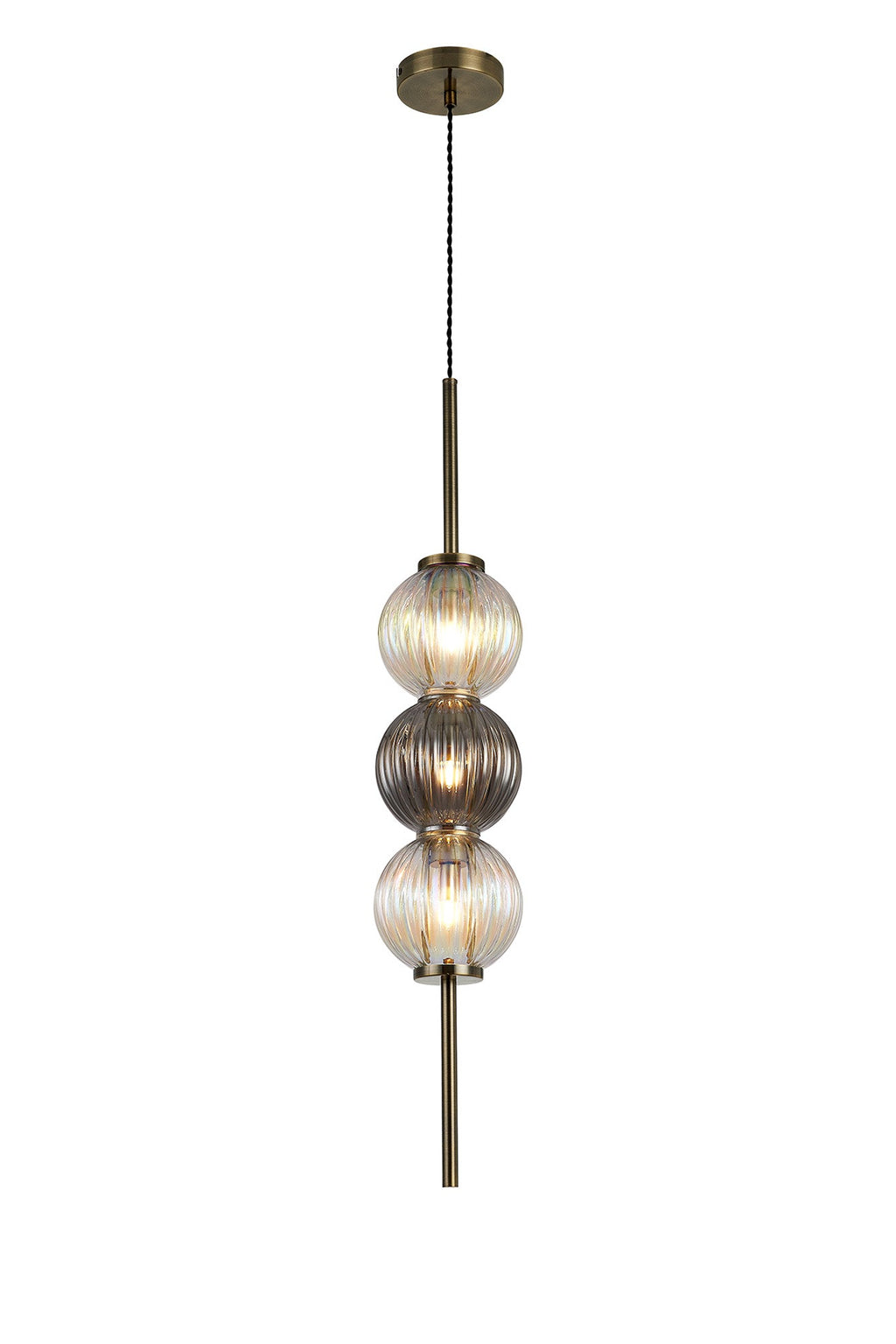 Luminosity Designs - Lustre Segmented Glass Globe Vertical Pendant In An Antique Brass Framework, Iridescent and Smoke, 3x G9 - Luminosity Designs Ltd