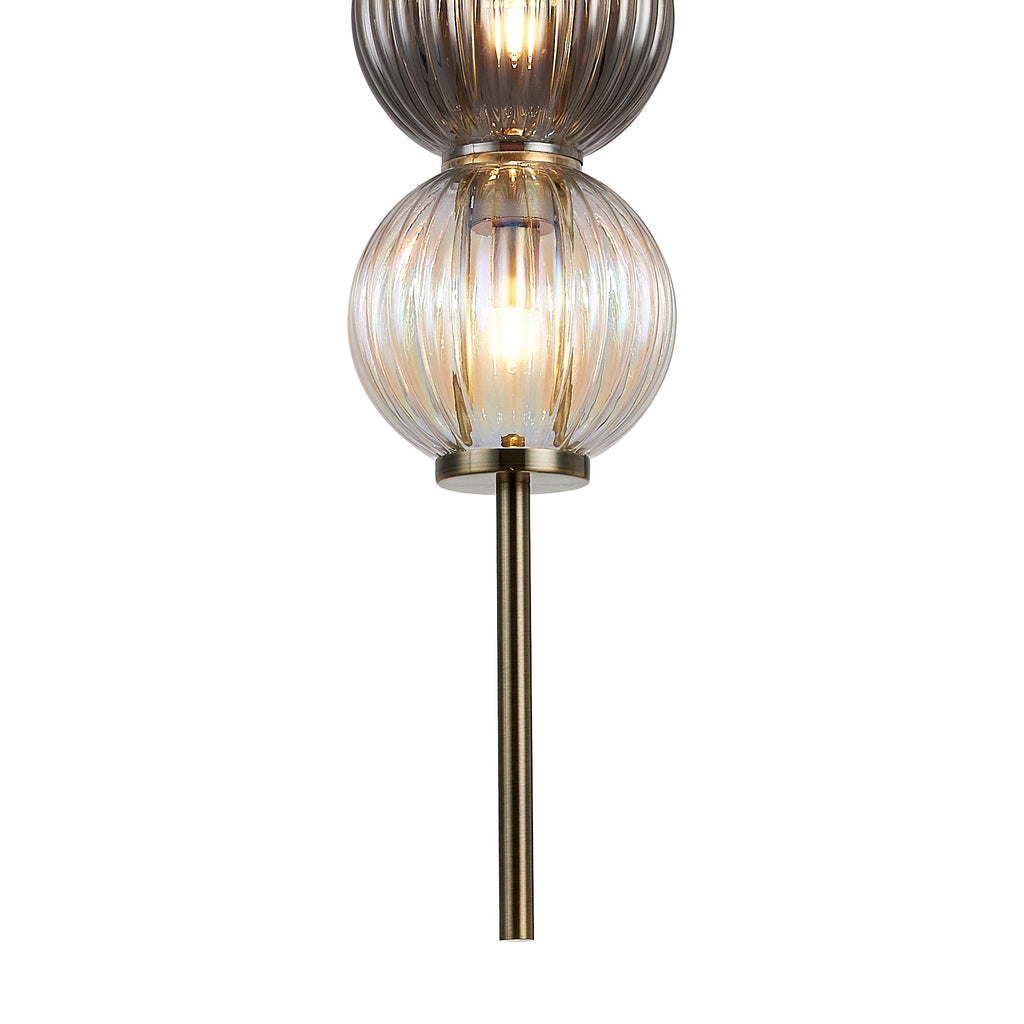 Luminosity Designs - Lustre Segmented Glass Globe Vertical Pendant In An Antique Brass Framework, Iridescent and Smoke, 3x G9 - Luminosity Designs Ltd