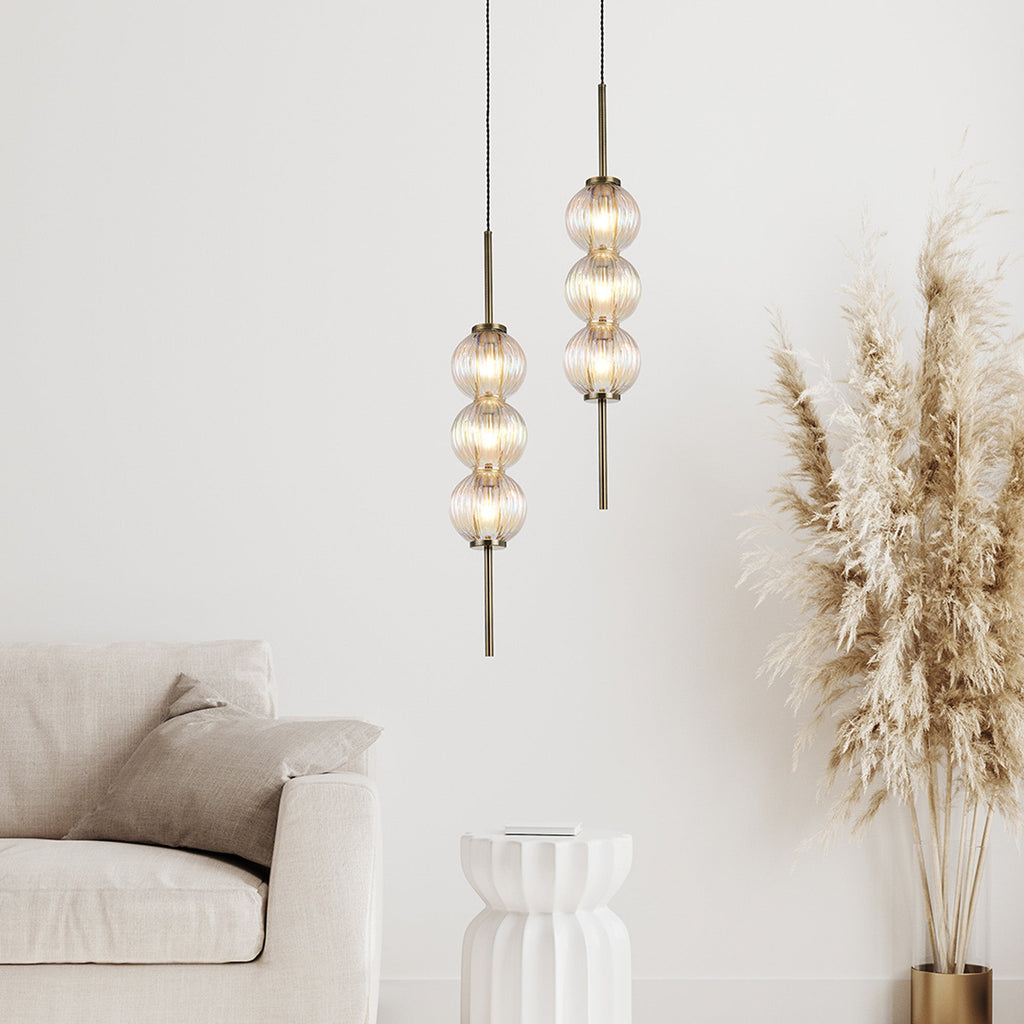 Luminosity Designs - Lustre Segmented Glass Globe Vertical Pendant In An Antique Brass Framework, Single Colour, 3 x G9 - Luminosity Designs Ltd