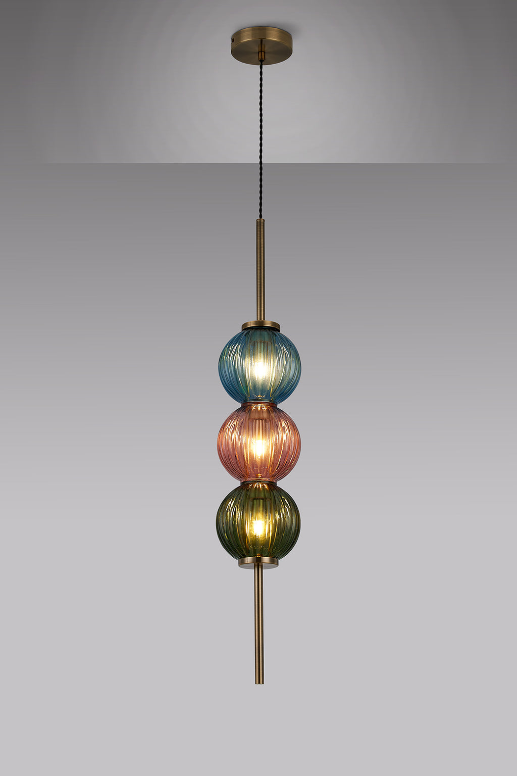 Lustre Segmented Glass Globe Vertical Pendant In An Antique Brass Framework, Blue, Moss and Blush, 3x G9