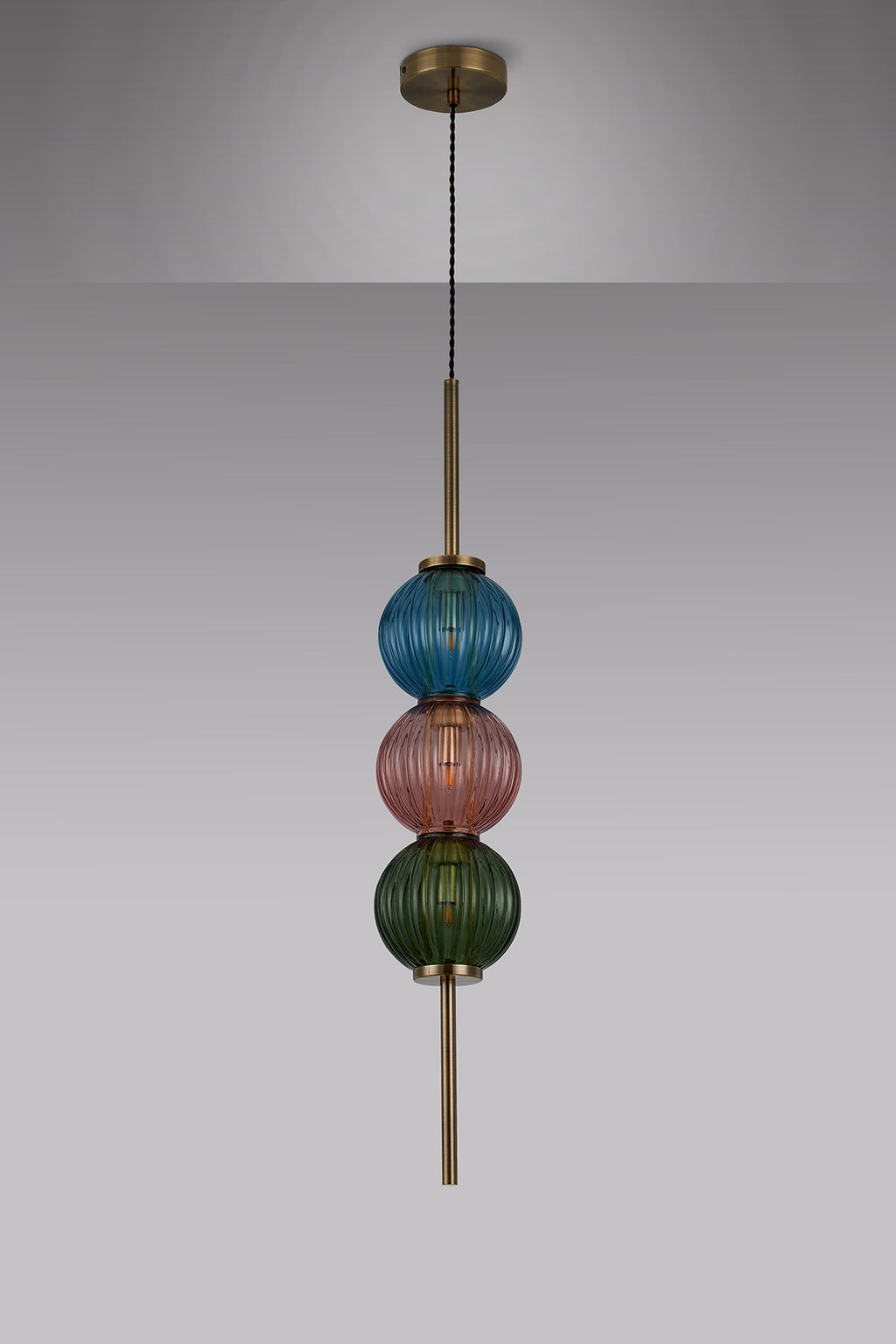 Lustre Segmented Glass Globe Vertical Pendant In An Antique Brass Framework, Blue, Moss and Blush, 3x G9