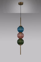 Lustre Segmented Glass Globe Vertical Pendant In An Antique Brass Framework, Blue, Moss and Blush, 3x G9