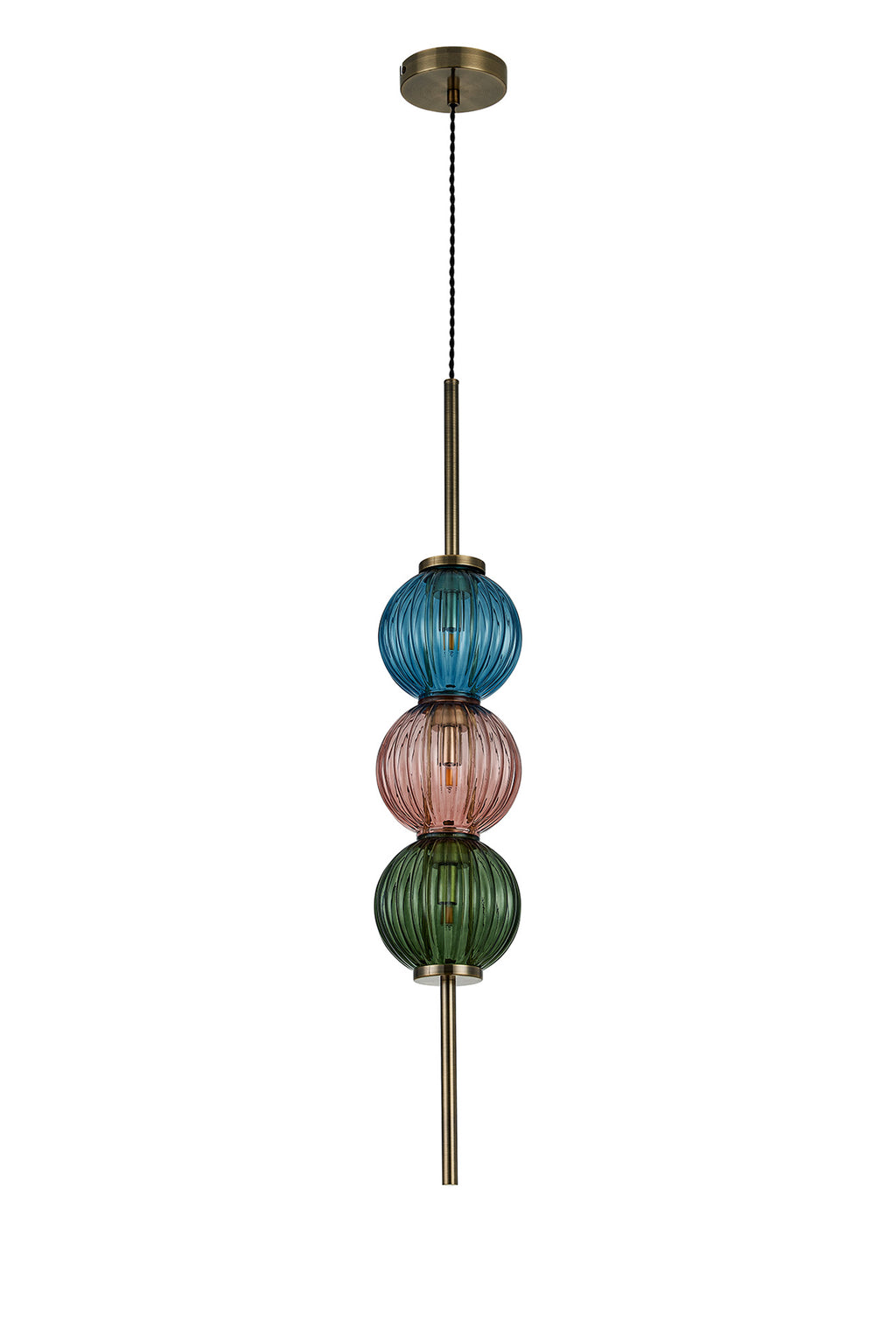 Lustre Segmented Glass Globe Vertical Pendant In An Antique Brass Framework, Blue, Moss and Blush, 3x G9