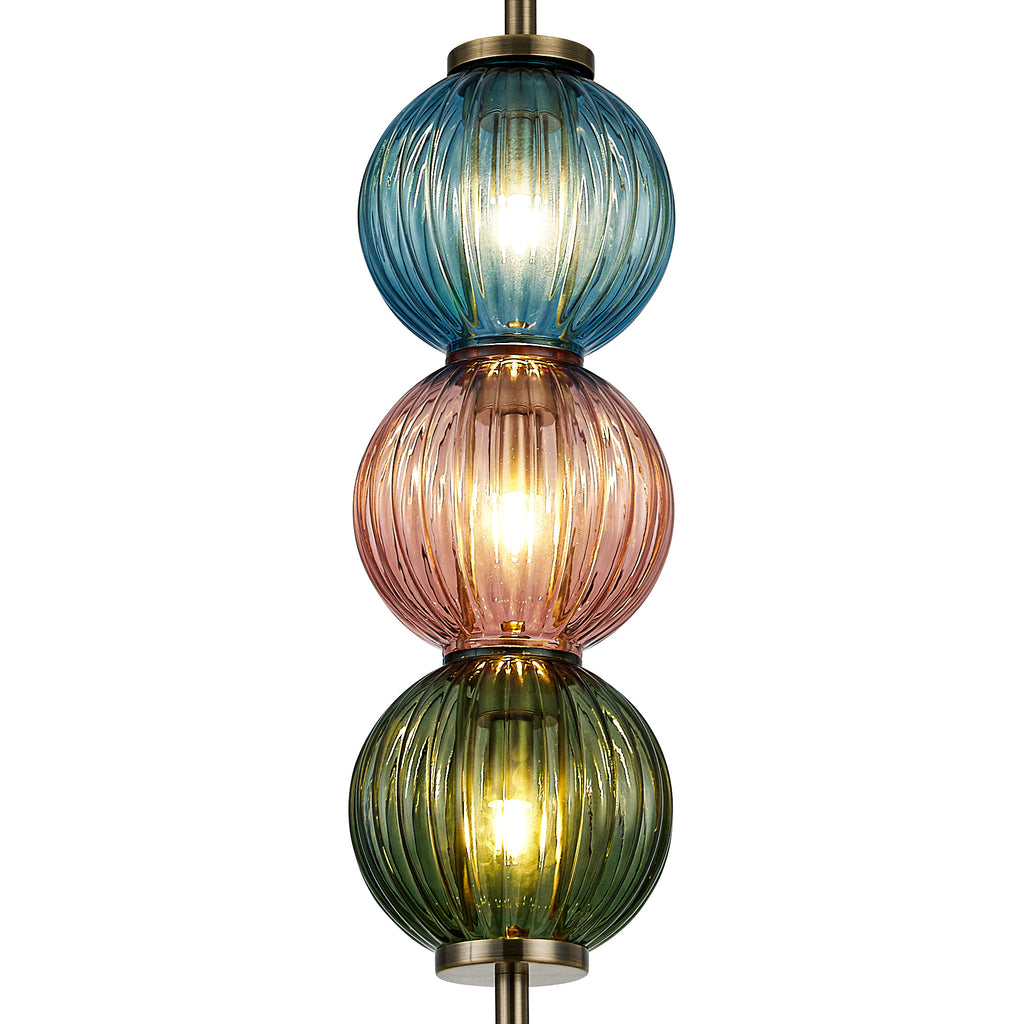 Lustre Segmented Glass Globe Vertical Pendant In An Antique Brass Framework, Blue, Moss and Blush, 3x G9