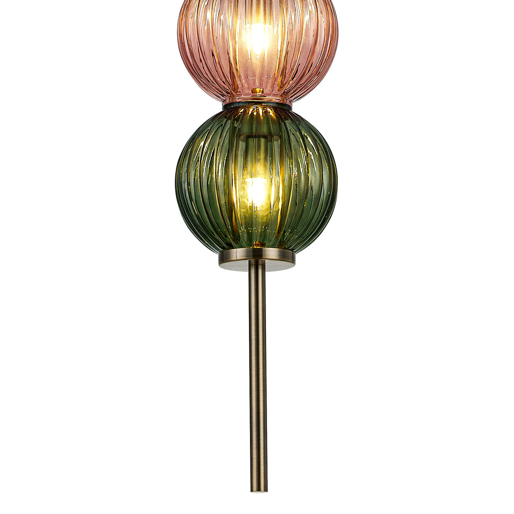 Lustre Segmented Glass Globe Vertical Pendant In An Antique Brass Framework, Blue, Moss and Blush, 3x G9
