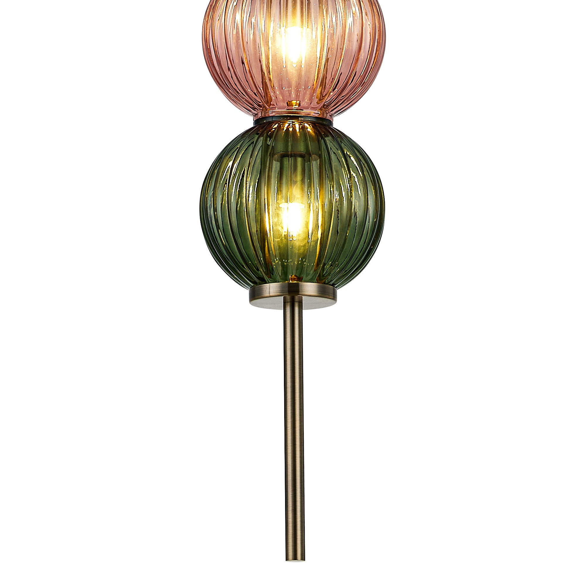Lustre Segmented Glass Globe Vertical Pendant In An Antique Brass Framework, Blue, Moss and Blush, 3x G9