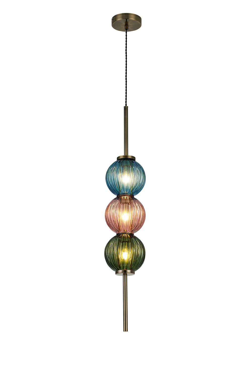 Lustre Segmented Glass Globe Vertical Pendant In An Antique Brass Framework, Blue, Moss and Blush, 3x G9