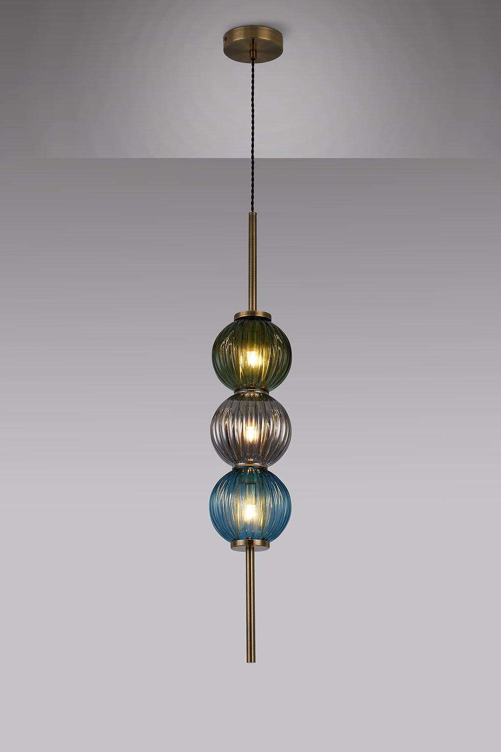 Lustre Segmented Glass Globe Vertical Pendant In An Antique Brass Framework, Blue, Moss and Smoke, 3x G9