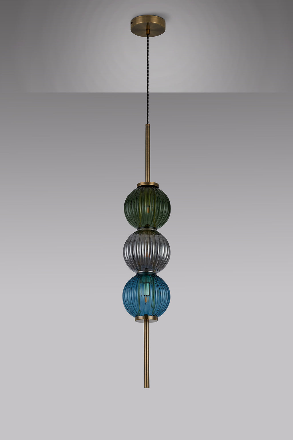 Lustre Segmented Glass Globe Vertical Pendant In An Antique Brass Framework, Blue, Moss and Smoke, 3x G9