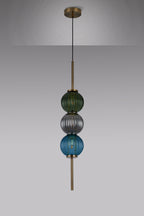 Lustre Segmented Glass Globe Vertical Pendant In An Antique Brass Framework, Blue, Moss and Smoke, 3x G9