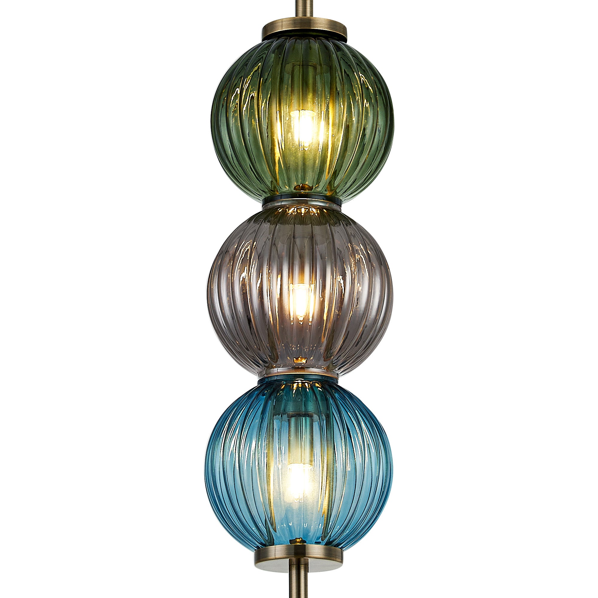 Lustre Segmented Glass Globe Vertical Pendant In An Antique Brass Framework, Blue, Moss and Smoke, 3x G9