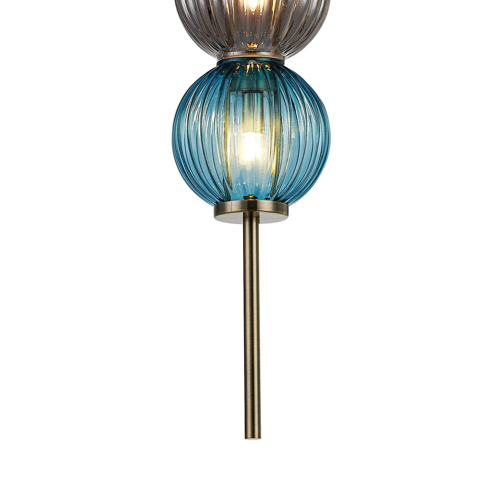 Lustre Segmented Glass Globe Vertical Pendant In An Antique Brass Framework, Blue, Moss and Smoke, 3x G9